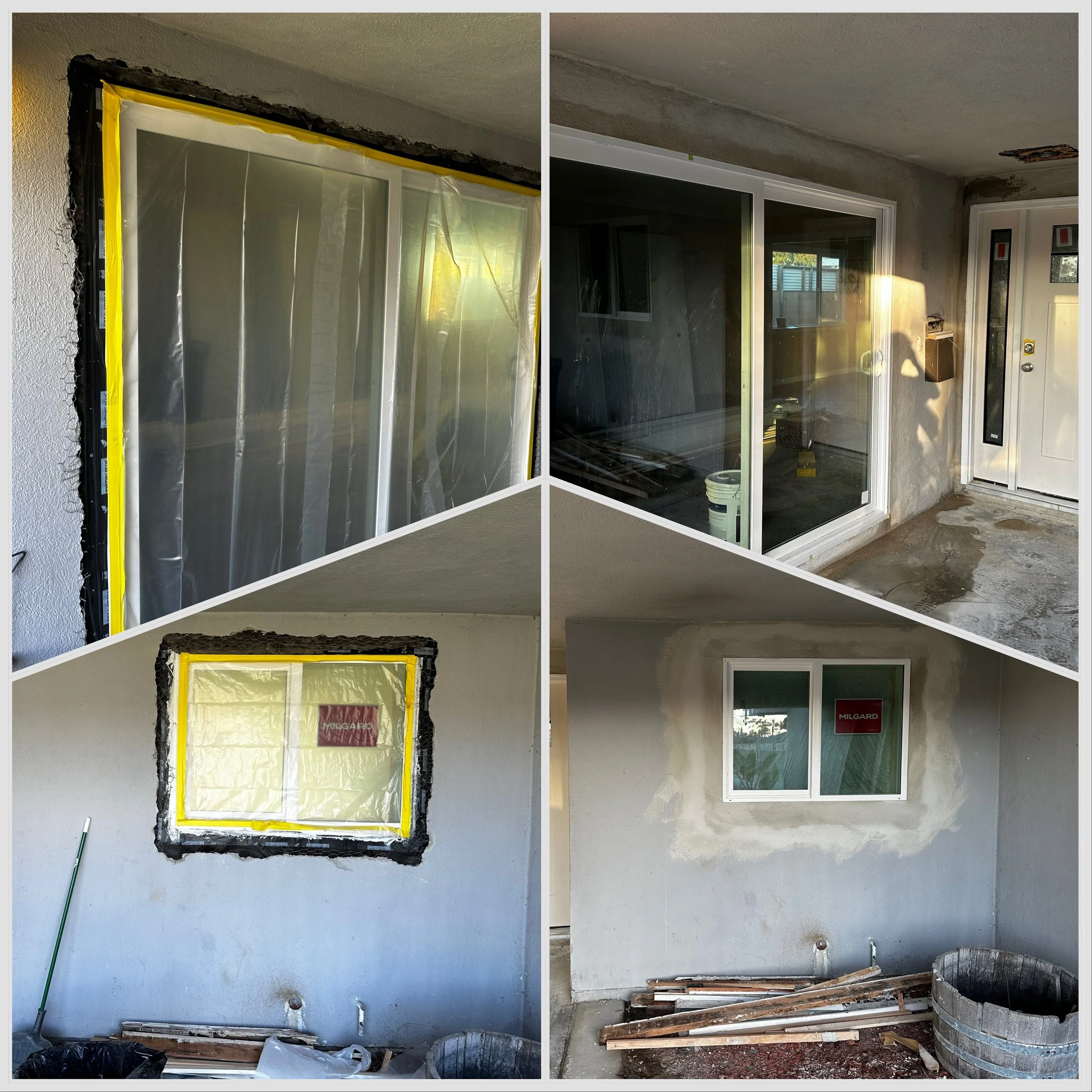 Sequence showing the before, during, and after stages of installing a new sliding glass door on a home's exterior, with steps including protection, removal, and installation.