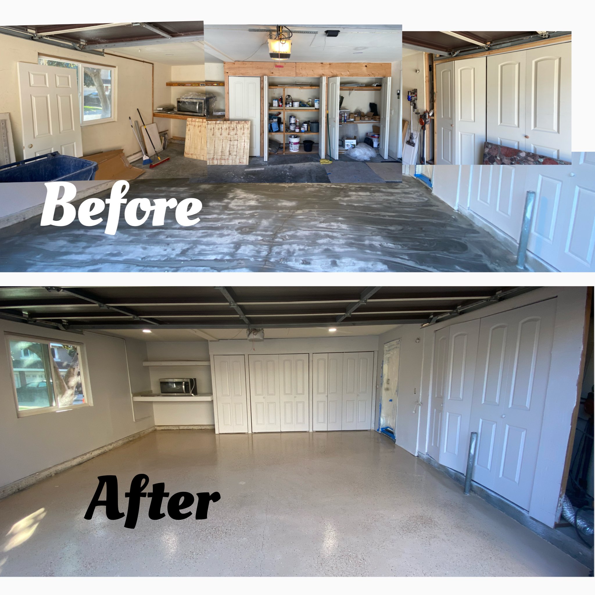Comparison of garage before and after renovation. The top image shows a garage with an unfinished concrete floor, cluttered shelves, and tools. The bottom image shows the same garage with a finished, smooth, light-colored epoxy floor, clean walls, an