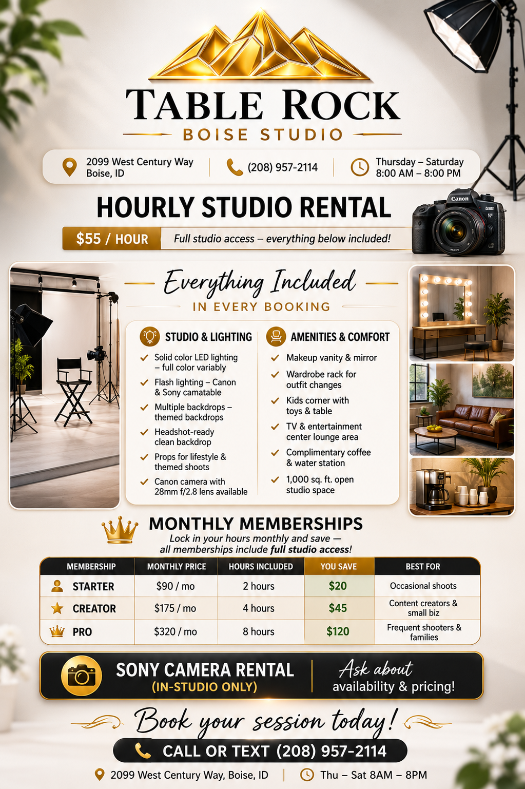 Table Rock Boise Studio price sheet: photography studio rental at 2099 West Century Way Boise Idaho, $55 per hour with full studio access, lighting and amenities included, monthly memberships from $90, Sony camera rental, open Thursday to Saturday 8a