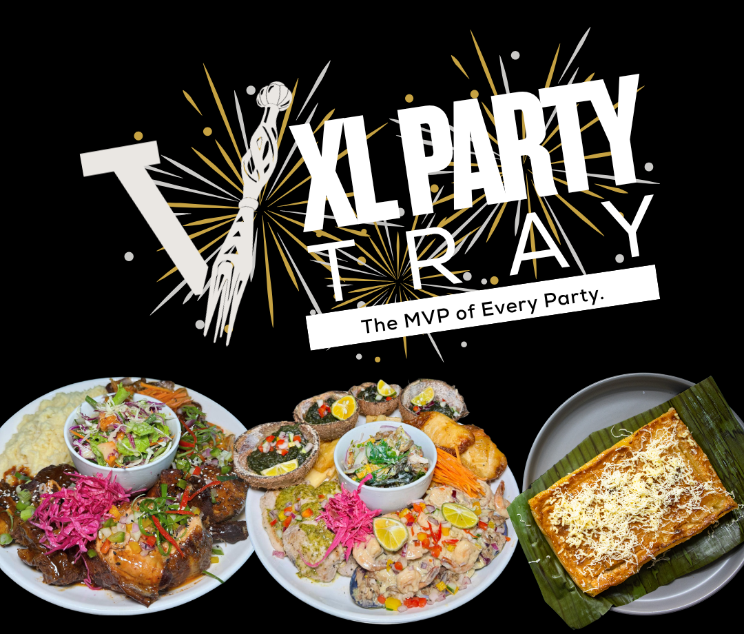 A promotional graphic for an XL party featuring images of Mexican food, including tacos with various toppings, a plate with rice, beans, and grilled meat, and a dessert on a banana leaf, with the text 'XL Party Tray' and 'The MVP of Every Party'.