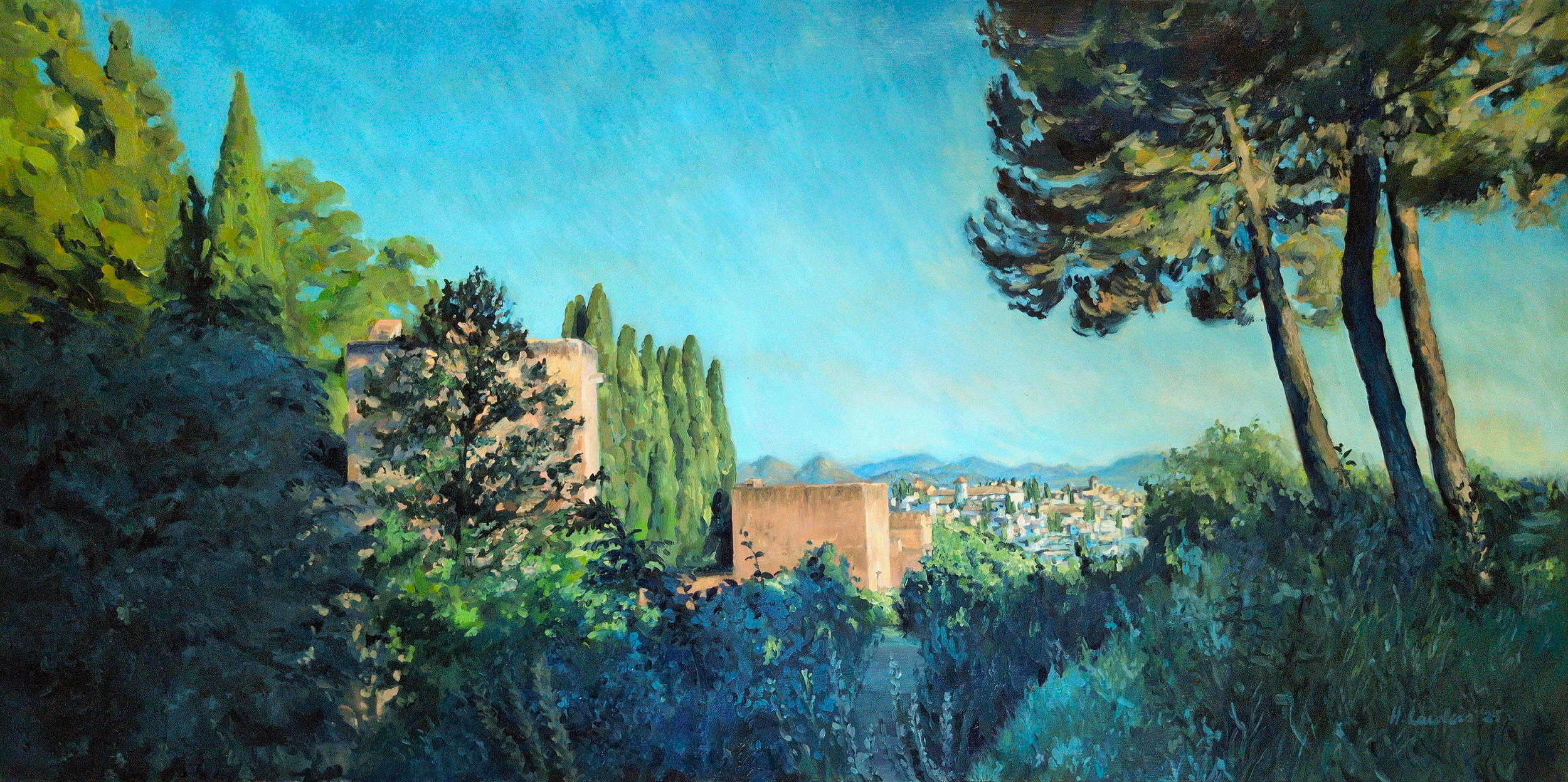 Harriet Lawless' oil painting of the Alhambra in Granada, Spain in summer