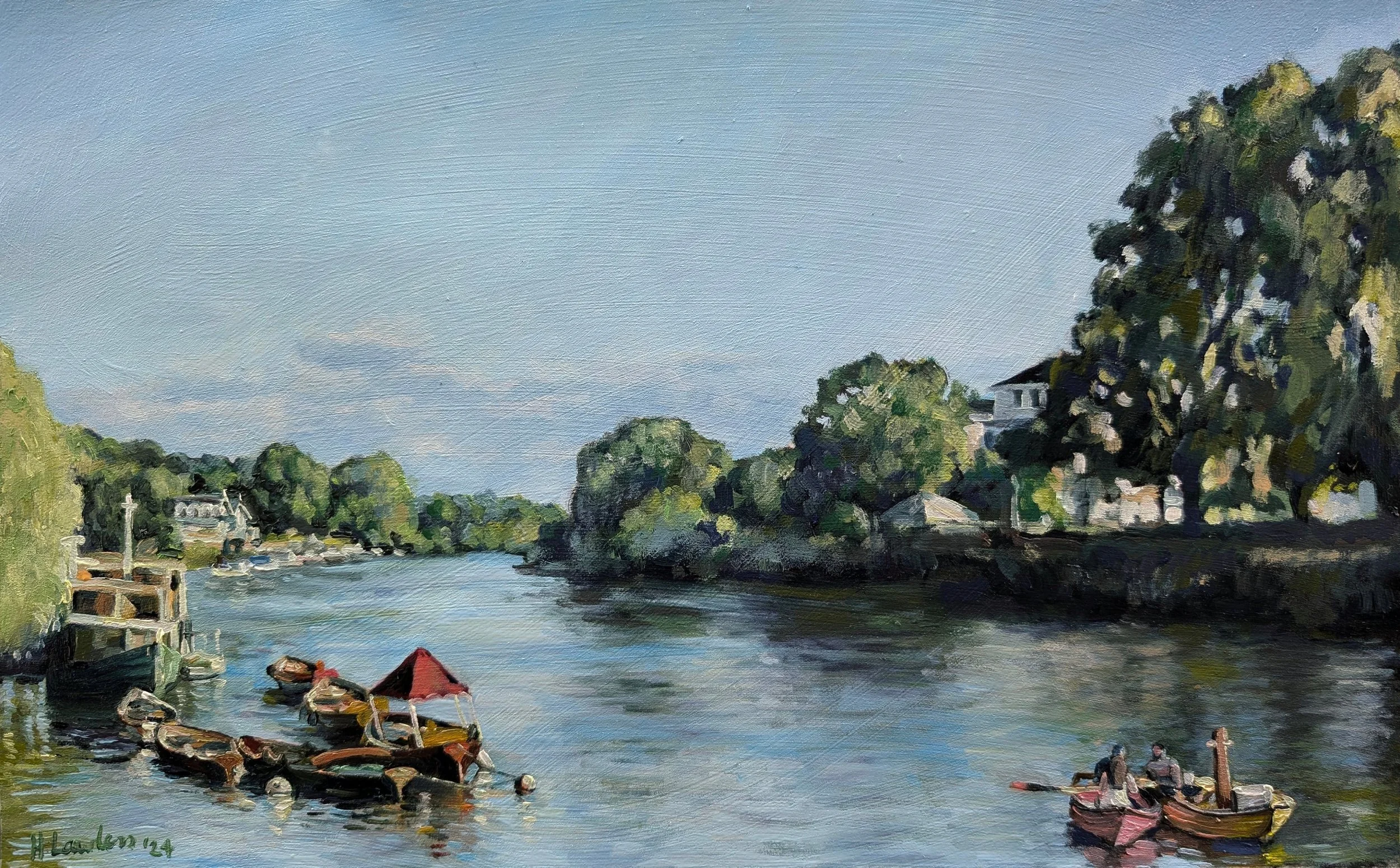"Summer rowing on the Thames at Richmond", Oil on paper, 42 × 26cm, 2024. Sold.