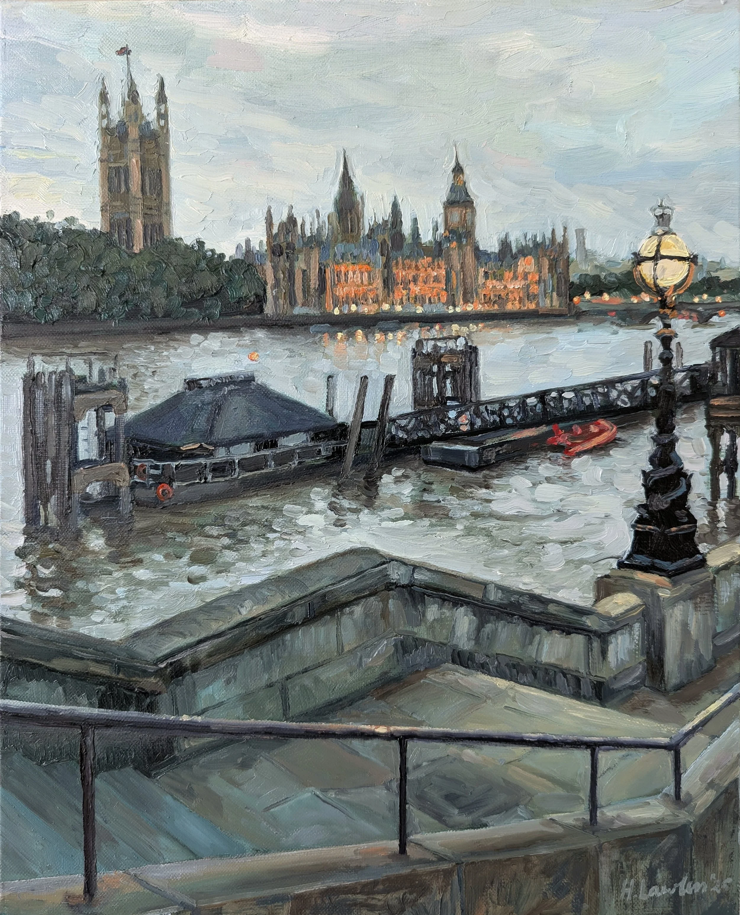 "Twilight Reflections; Palace of Westminster from Lambeth Bridge", Oil on linen, 33 × 41cm, 2025. Available.