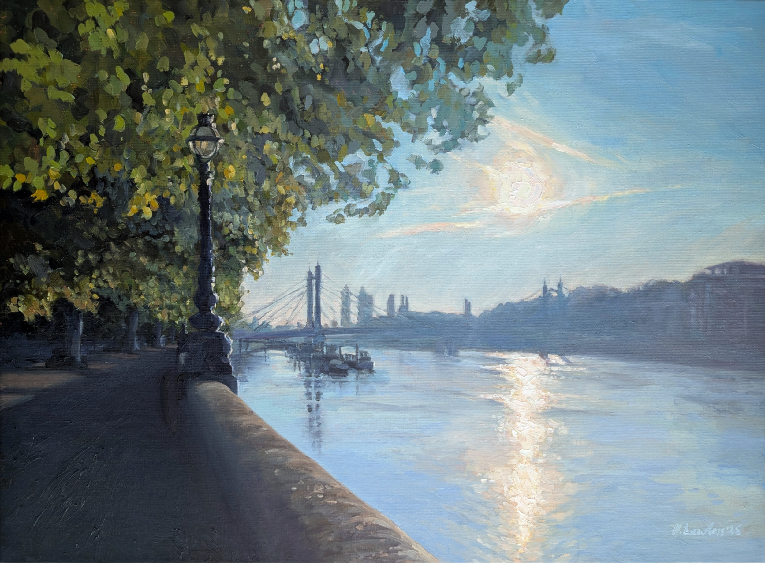 "Blinding Sunrise, Chelsea Embankment", Oil on linen, 73 × 54cm, 2025. Sold.