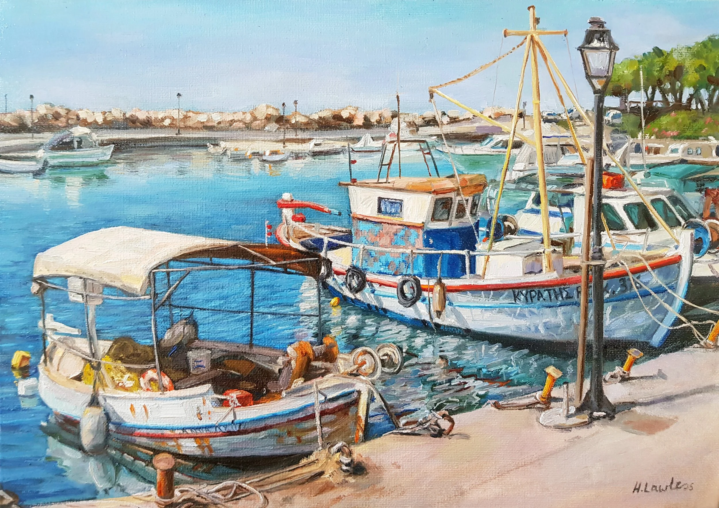 "Nea Chora Marina Fishing Boats", Oil on board, 25 × 36cm, 2022. Sold.
