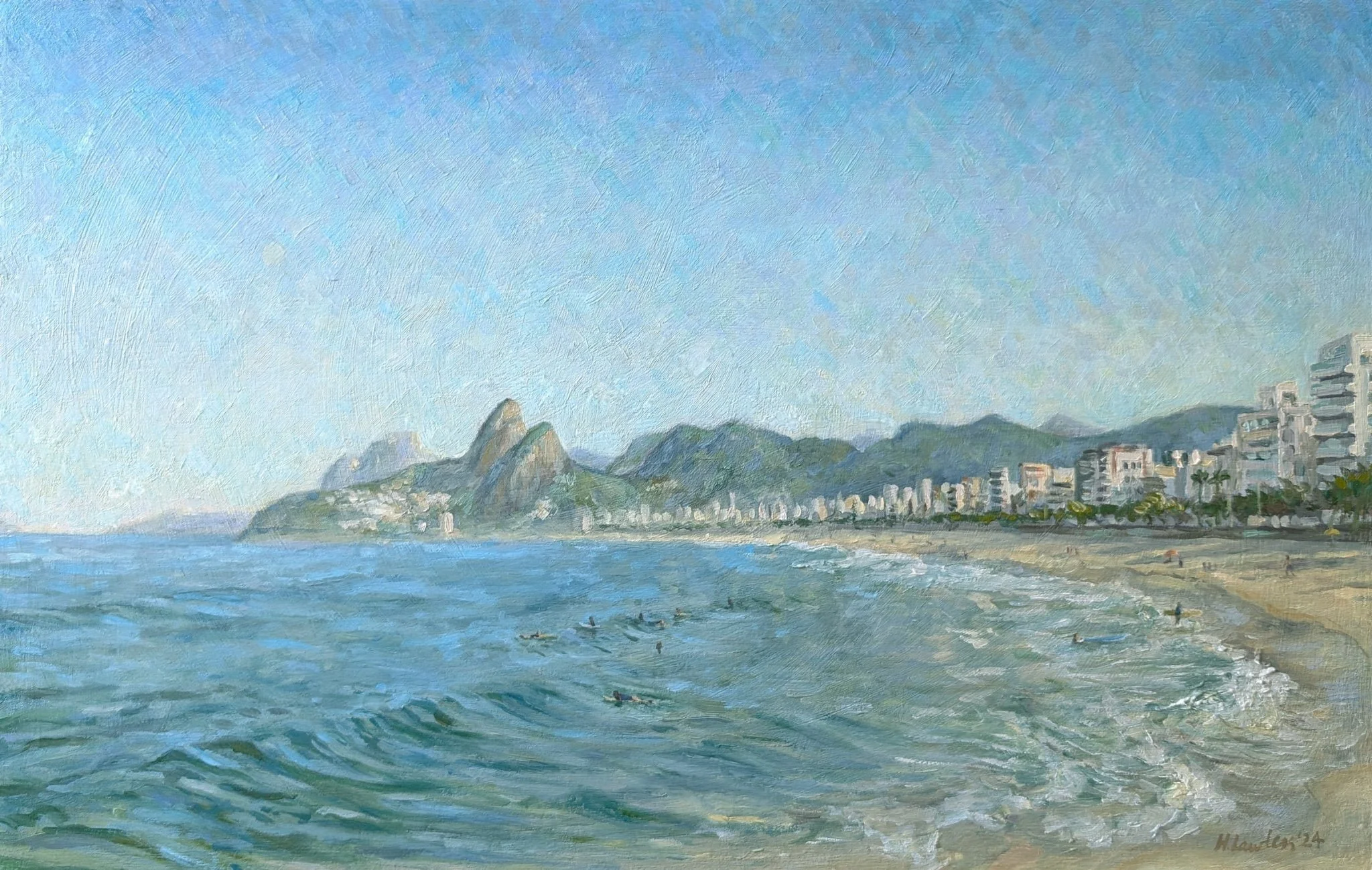 Harriet Lawless' oil painting of the moon rise on Ipanema Beach in Rio, Brazil