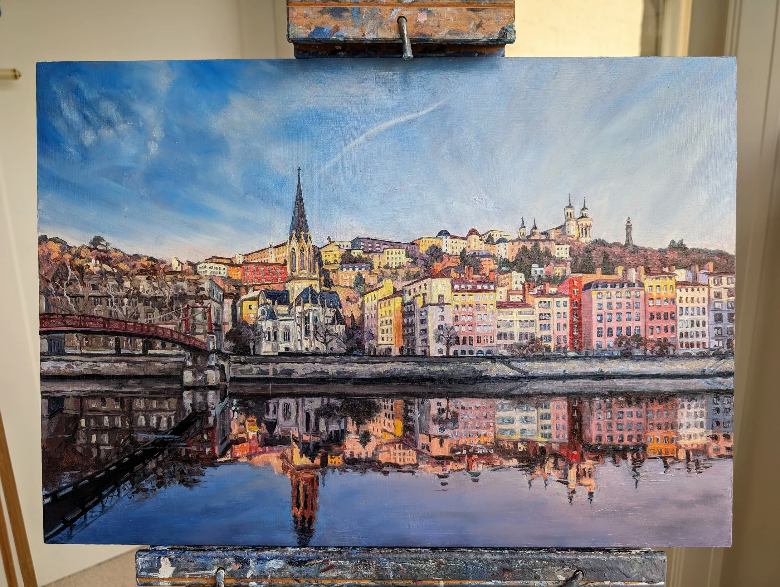 work in progress oil painting of Lyon, France