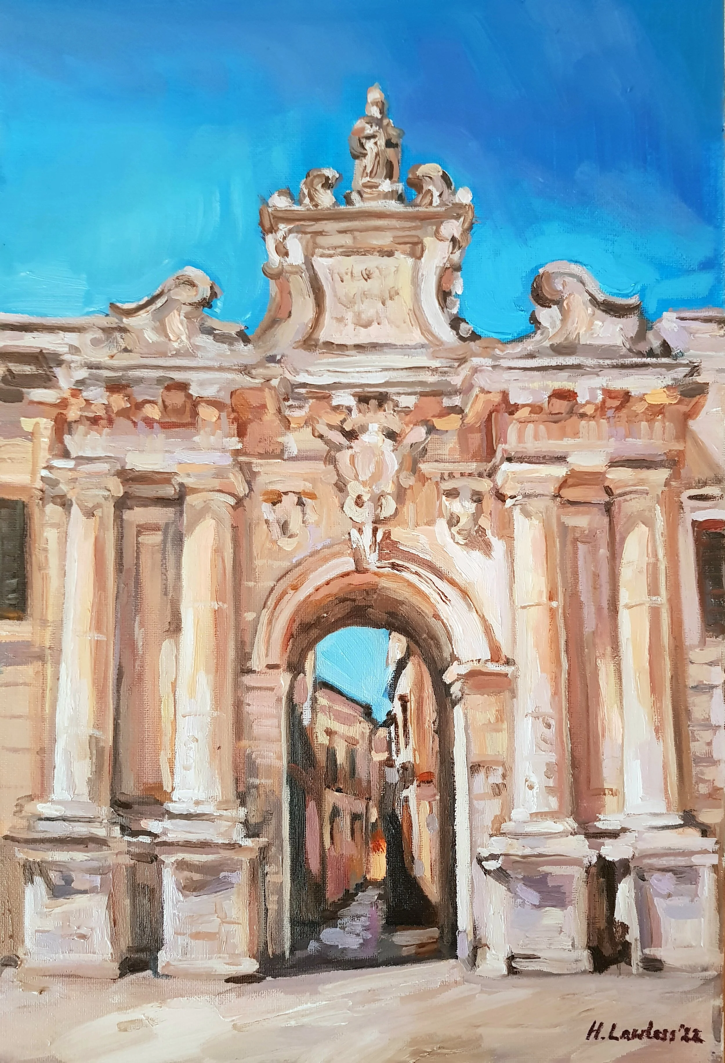 "Porta San Biaggio, Lecce", Oil on board, 20cm x 30cm, 2022. Sold.