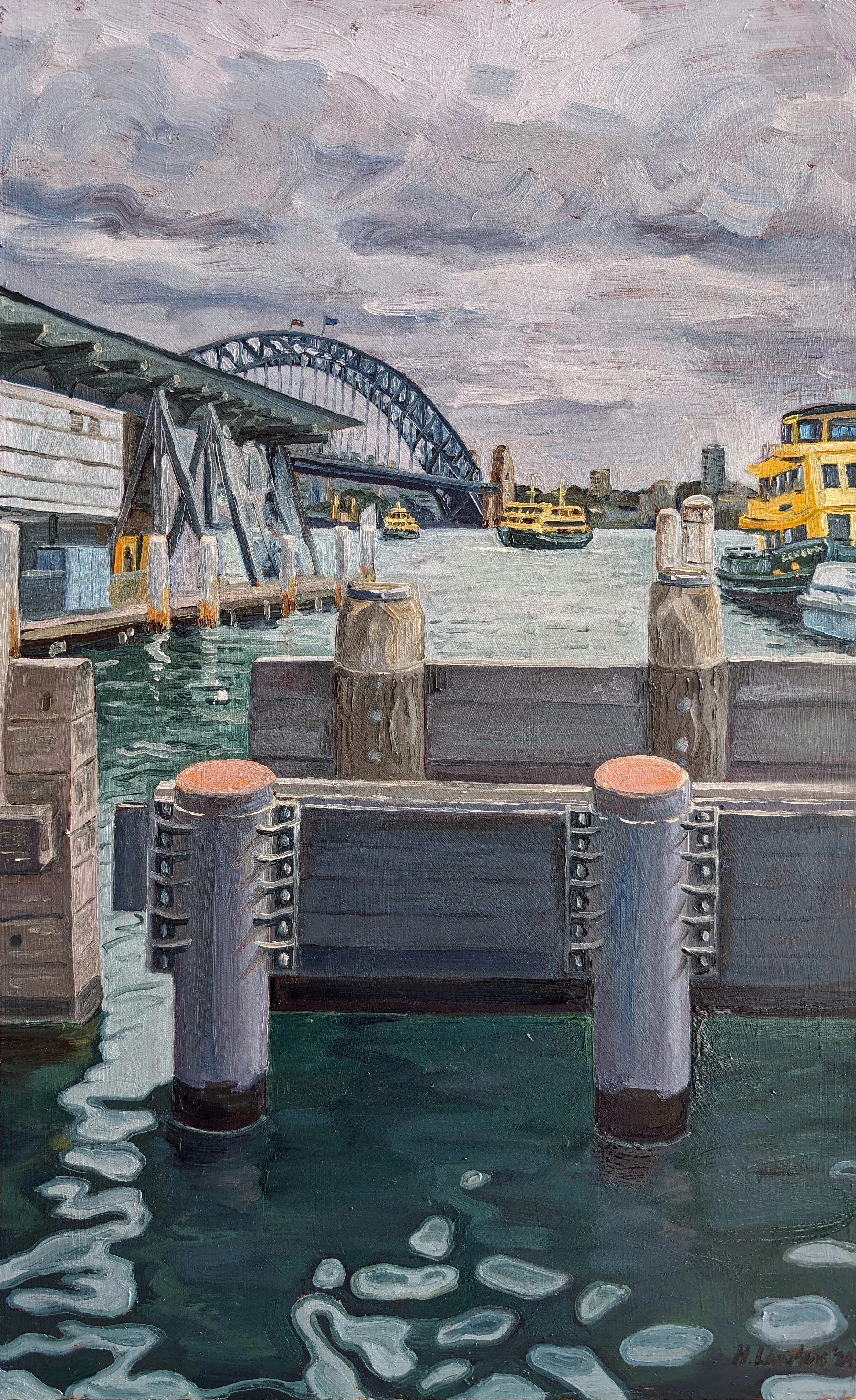 "Yellow Ferries At Circular Quay, Sydney", Oil on board, 60 × 37cm, 2024. Sold.