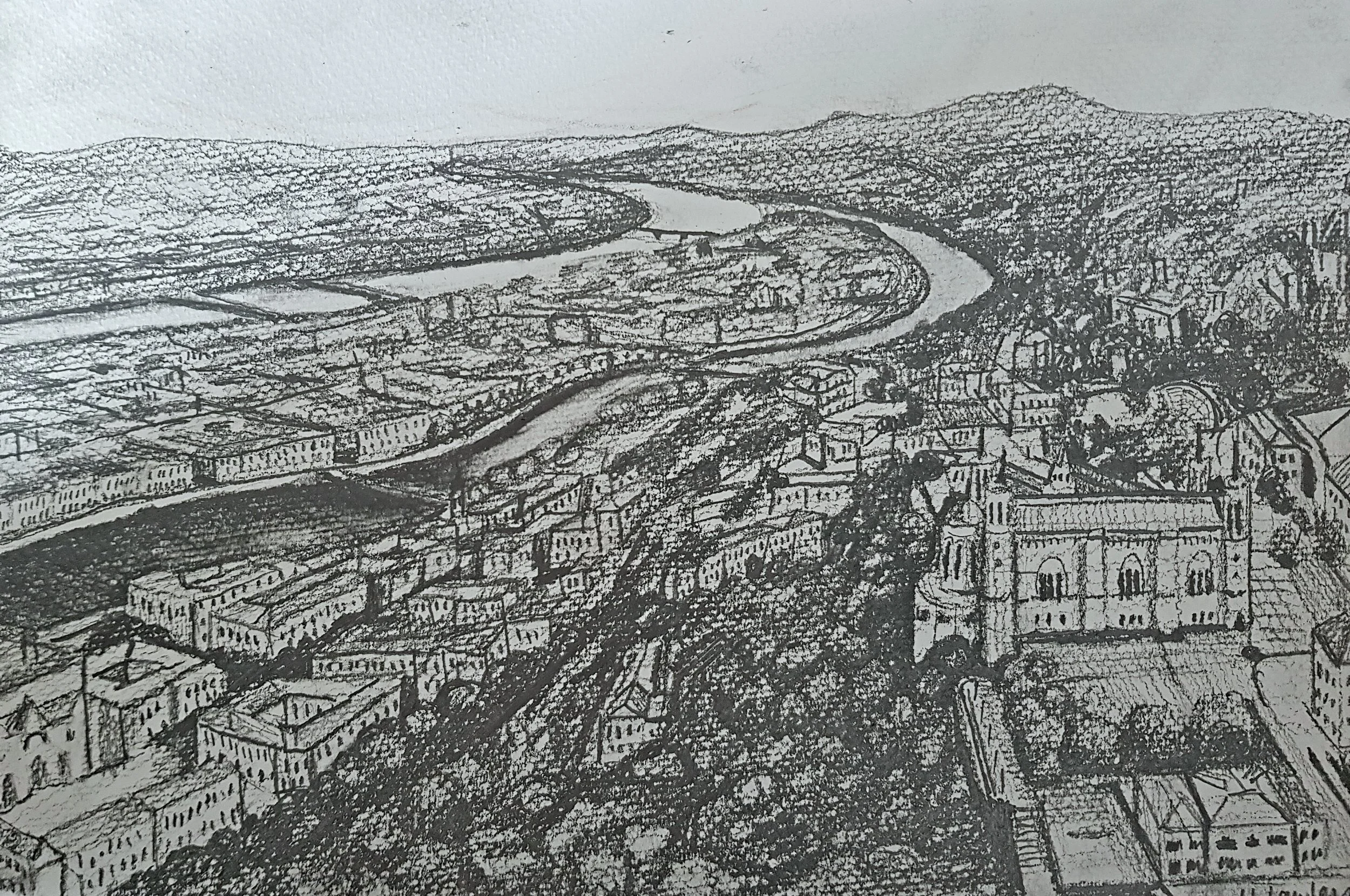 black and white pencil sketch of Lyon, France aerial view