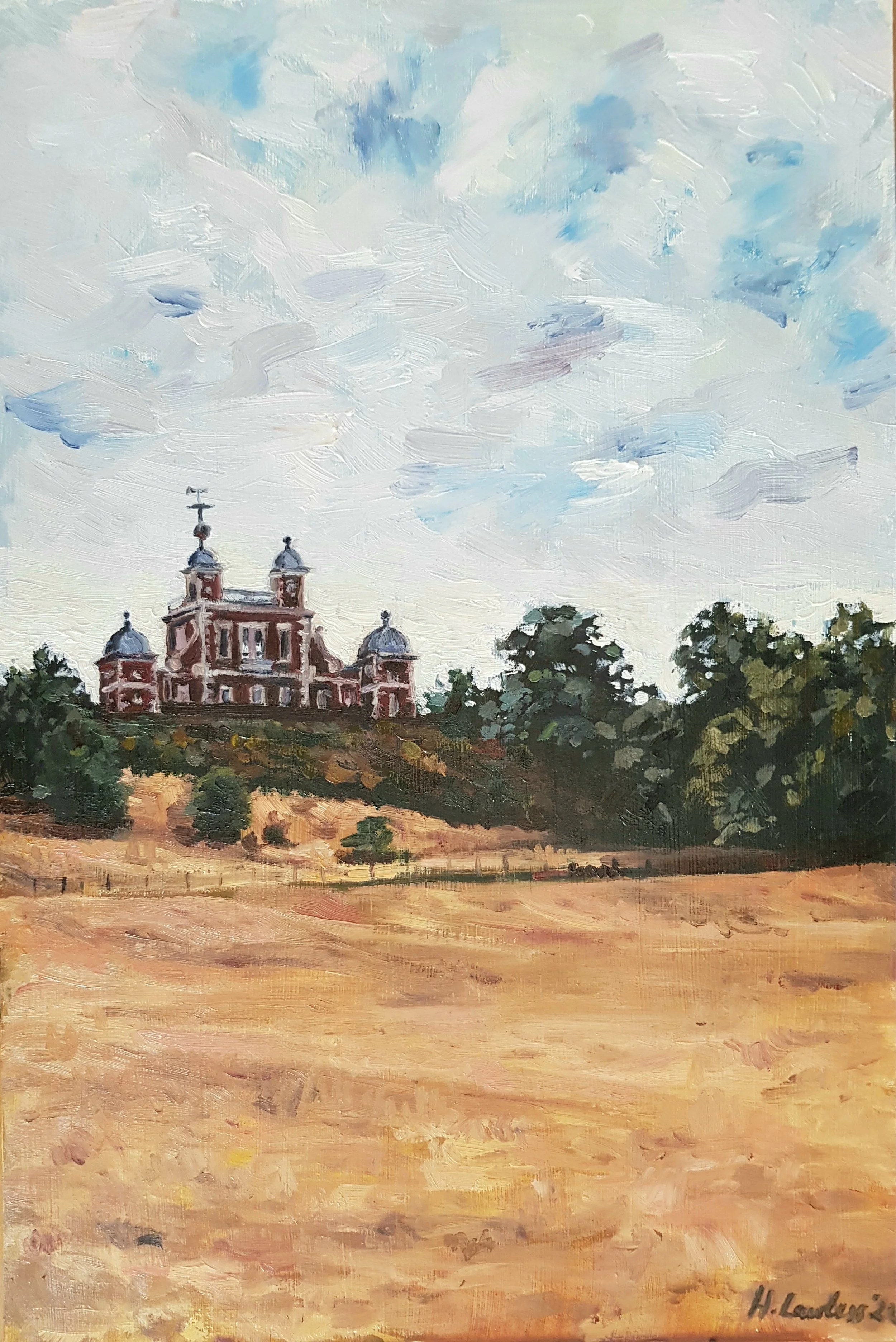 "Summer Drought At Greenwich Observatory", Oil on board, 20 × 30cm, 2022. Sold.