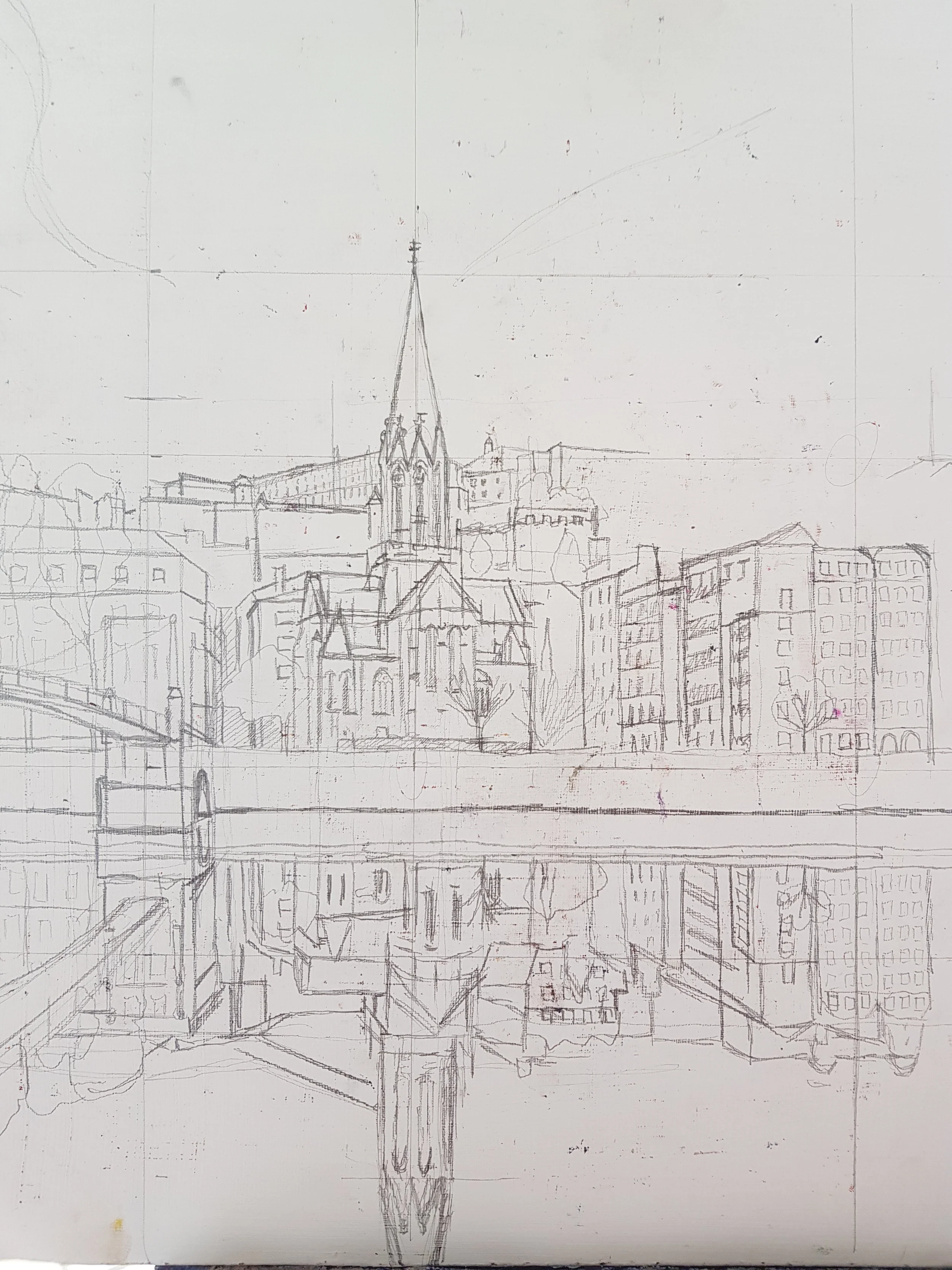 pencil sketch of buildings in Lyon, France