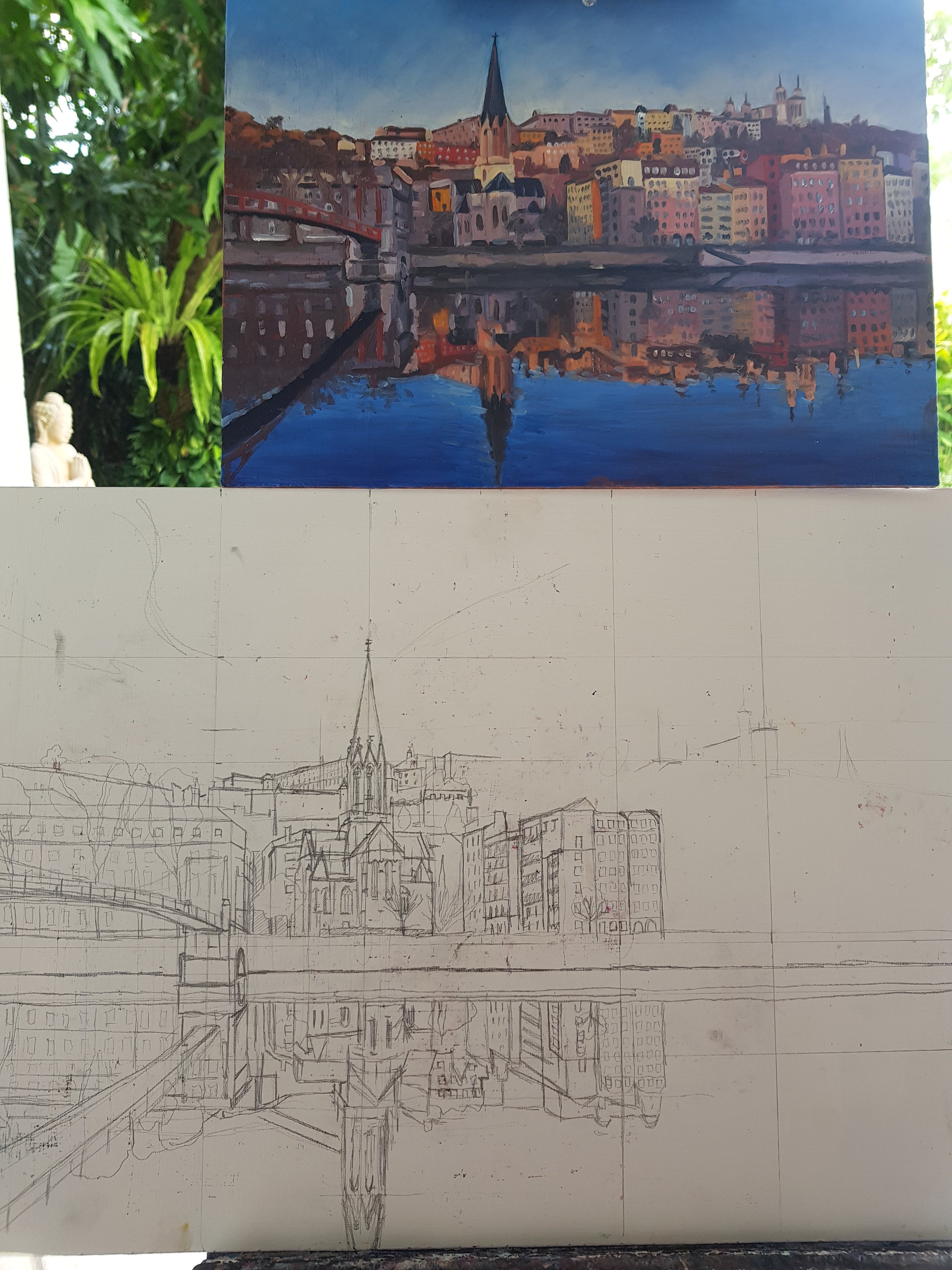 pencil sketch of buildings in Lyon, France with painting sketch