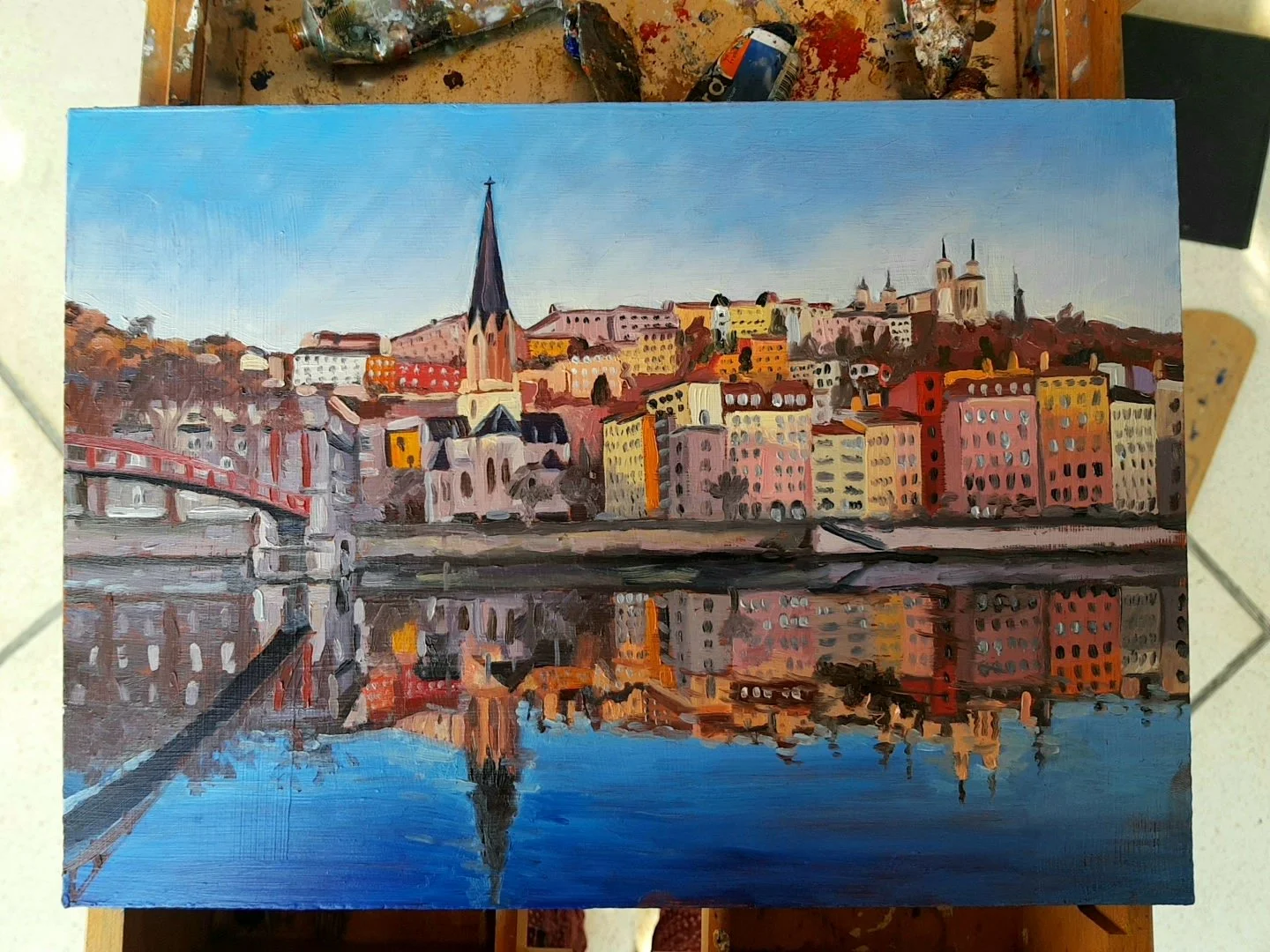 oil paint sketch of Lyon, France architecture reflections in river