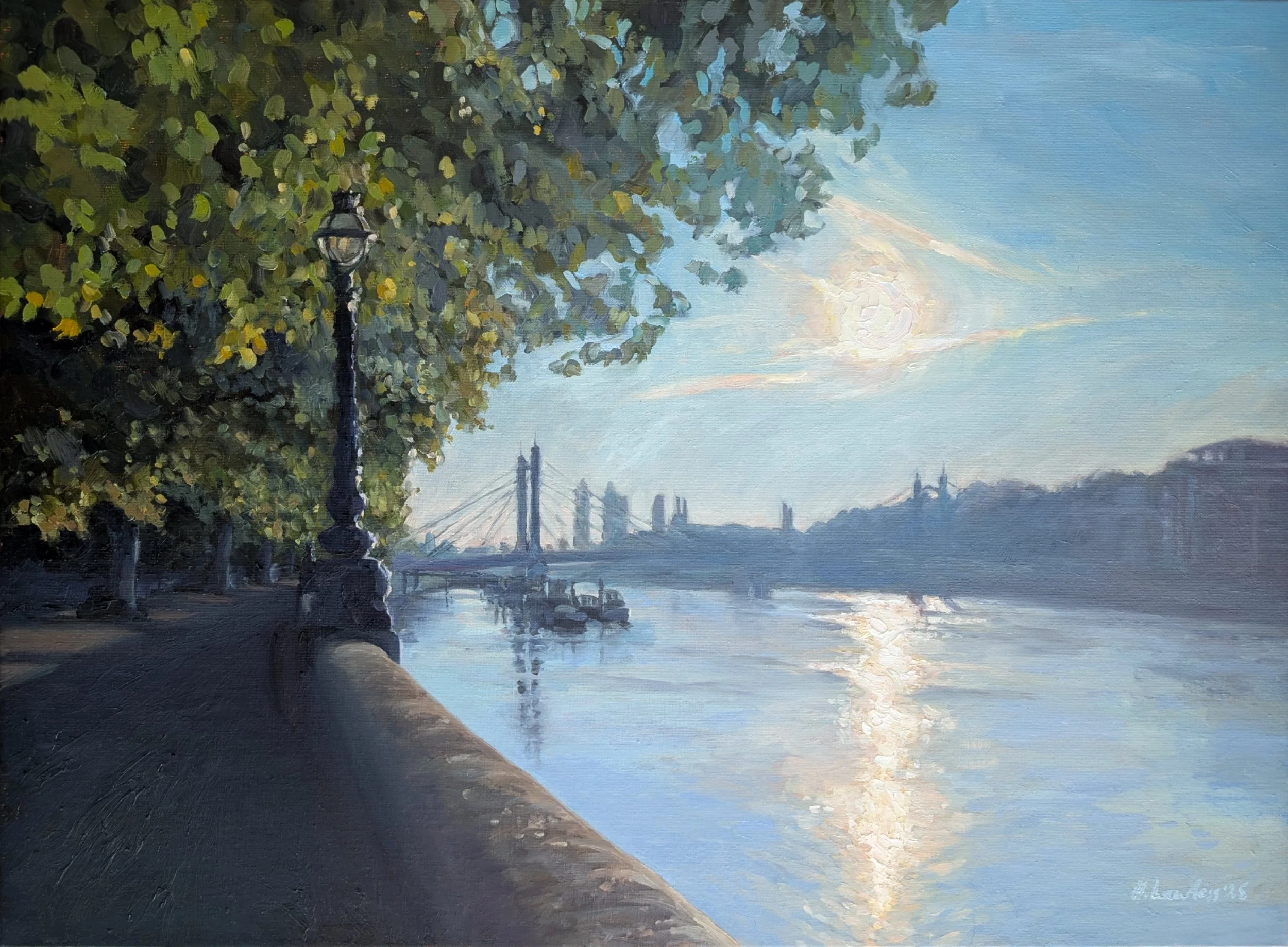 "Blinding Sunrise, Chelsea Embankment", Oil on linen, 73 × 54cm, 2025. Sold.