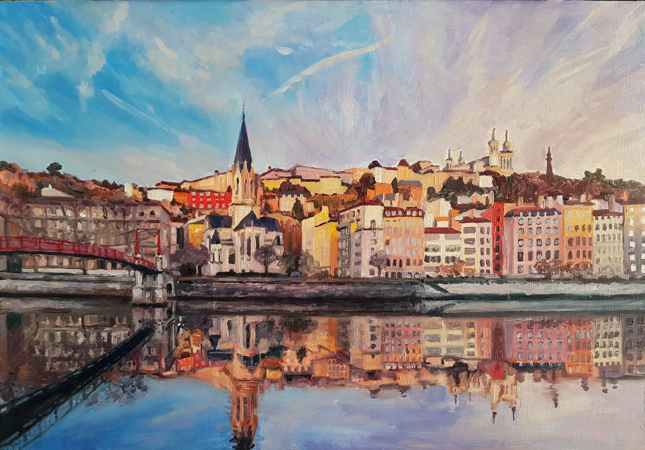 work in progress oil painting of Lyon, France