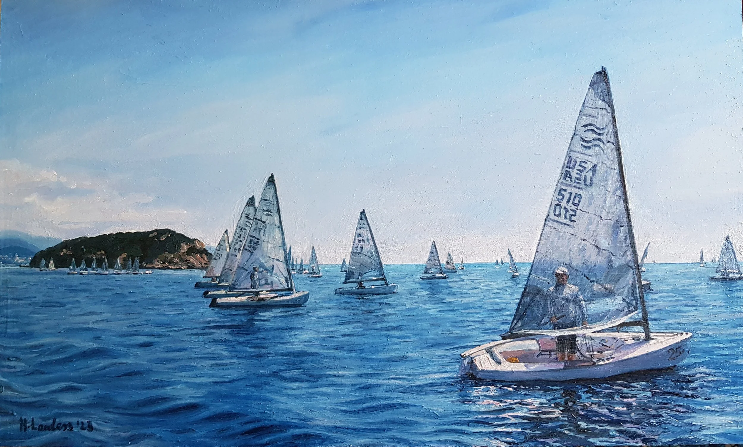 "Dead Reckoning; Awaiting The Winds", Oil on board, 30 × 50cm, 2023. Sold.