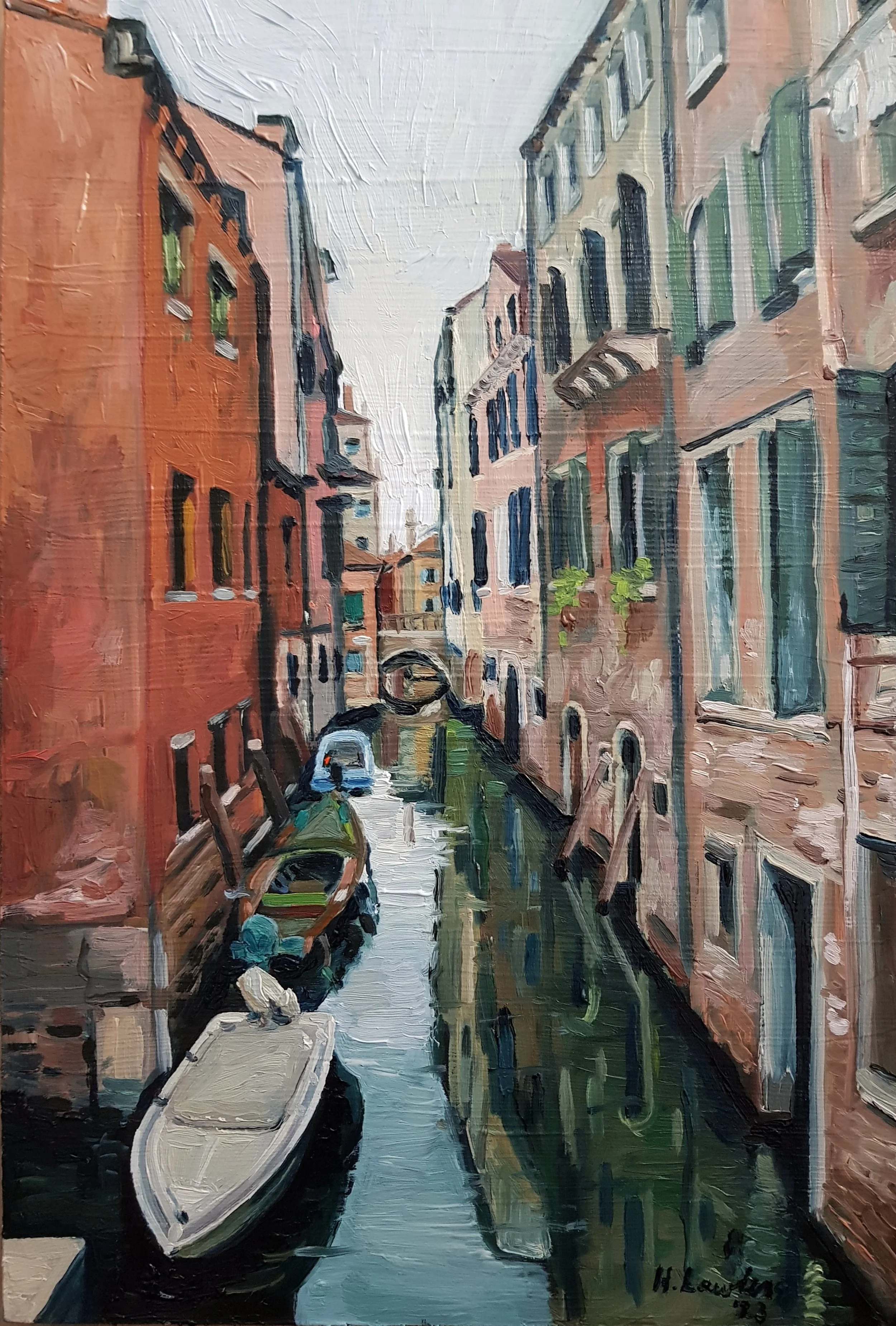 "Autumn Morning on the Canals", Oil on board, 20cm x 30cm, 2023. Sold.