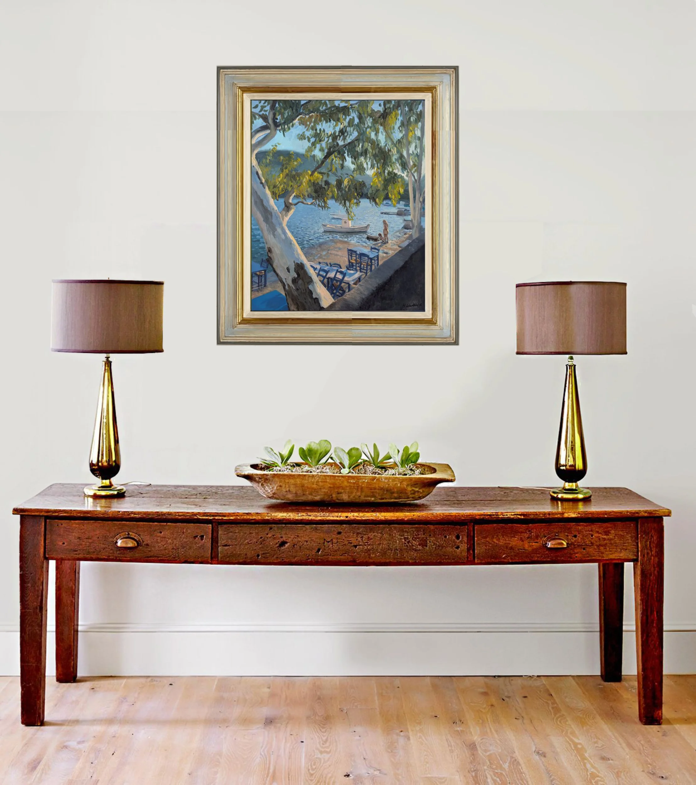 Seaside Taverna, Last Light in Vathy - Harriet Lawless Artist