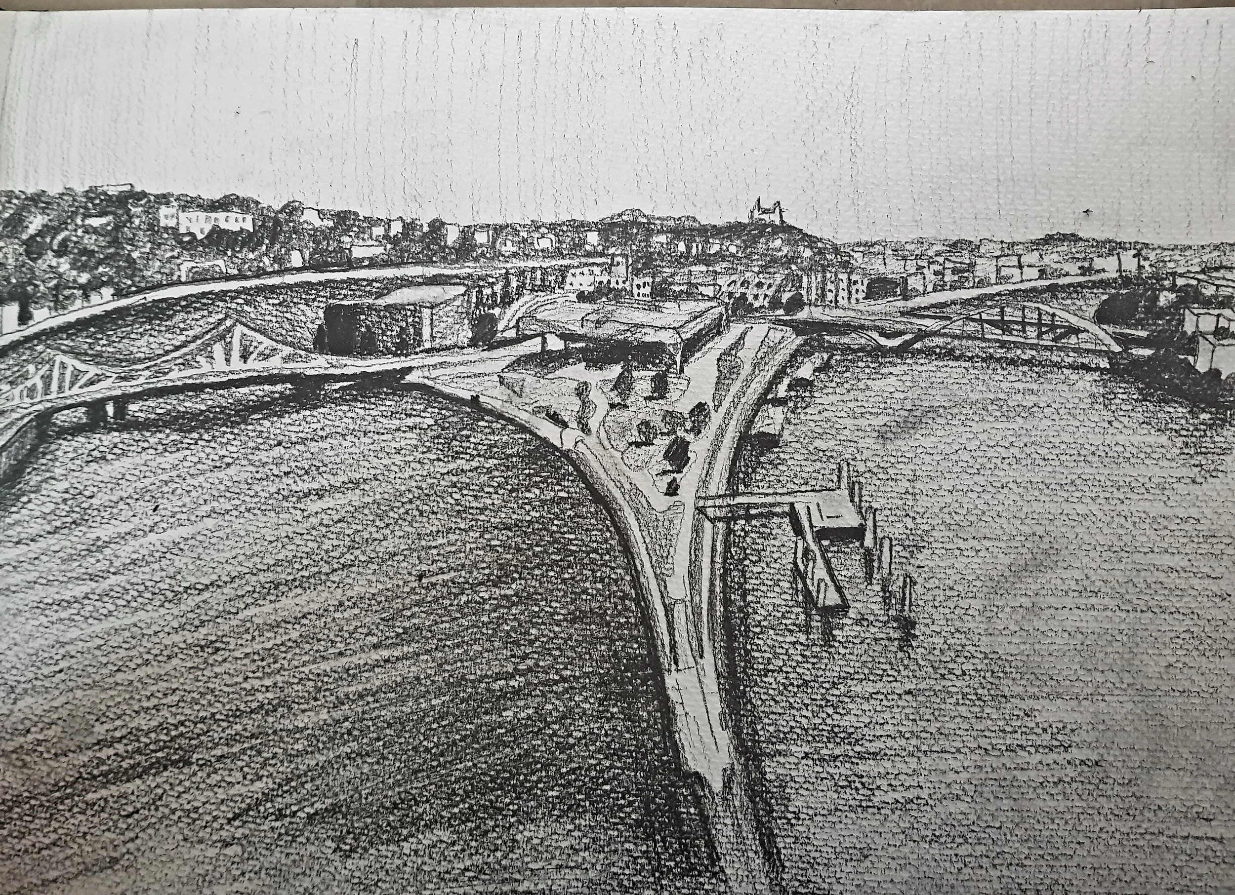 black and white pencil sketch of Lyon, France of the river confluence