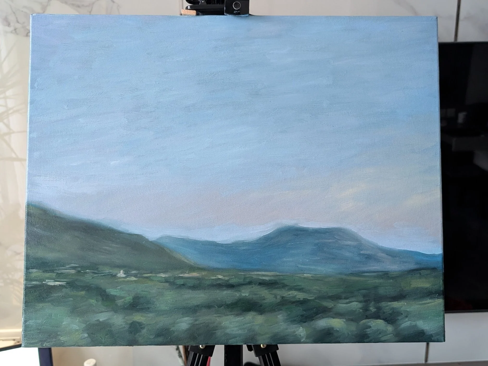 the start of an oil painting of Kalamata, Greece by Harriet Lawless