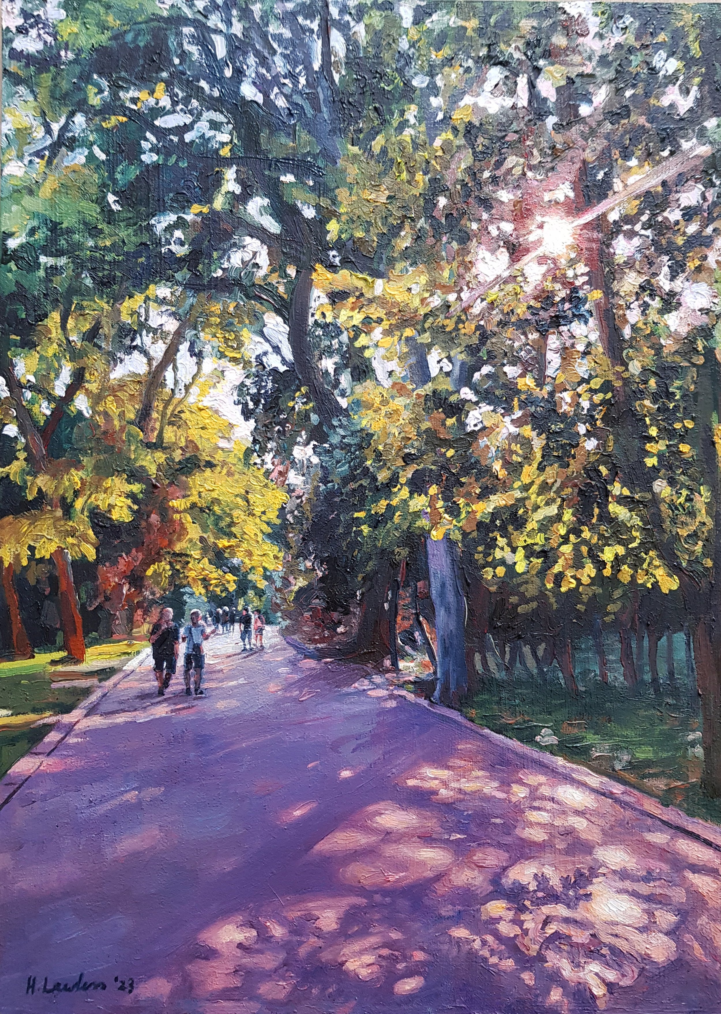 Harriet Lawless' oil painting of sun filtering through the trees in Varna, Bulgaria