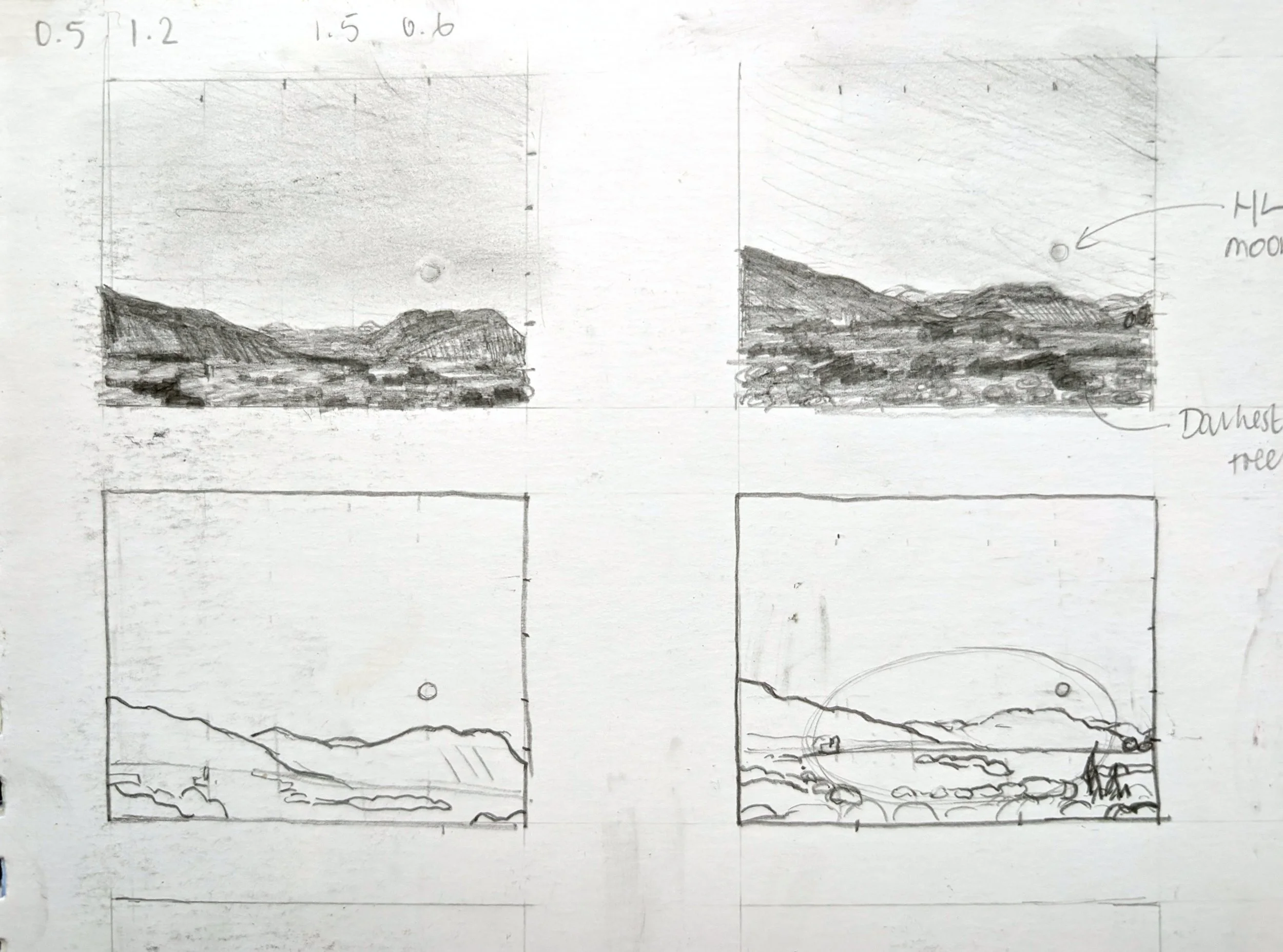 Thumbnail sketches for an oil painting of Kalamata, Greece