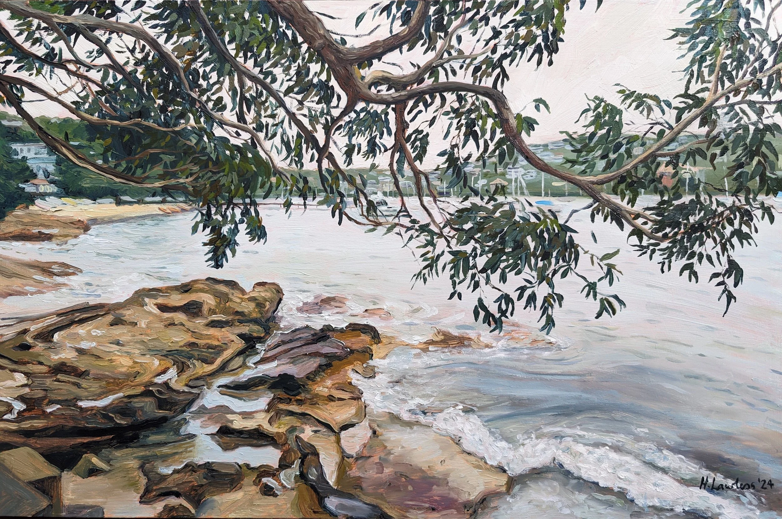 "Forty Baskets Beach, Manly Cove", Oil on board, 56 × 37cm, 2024. Sold.

