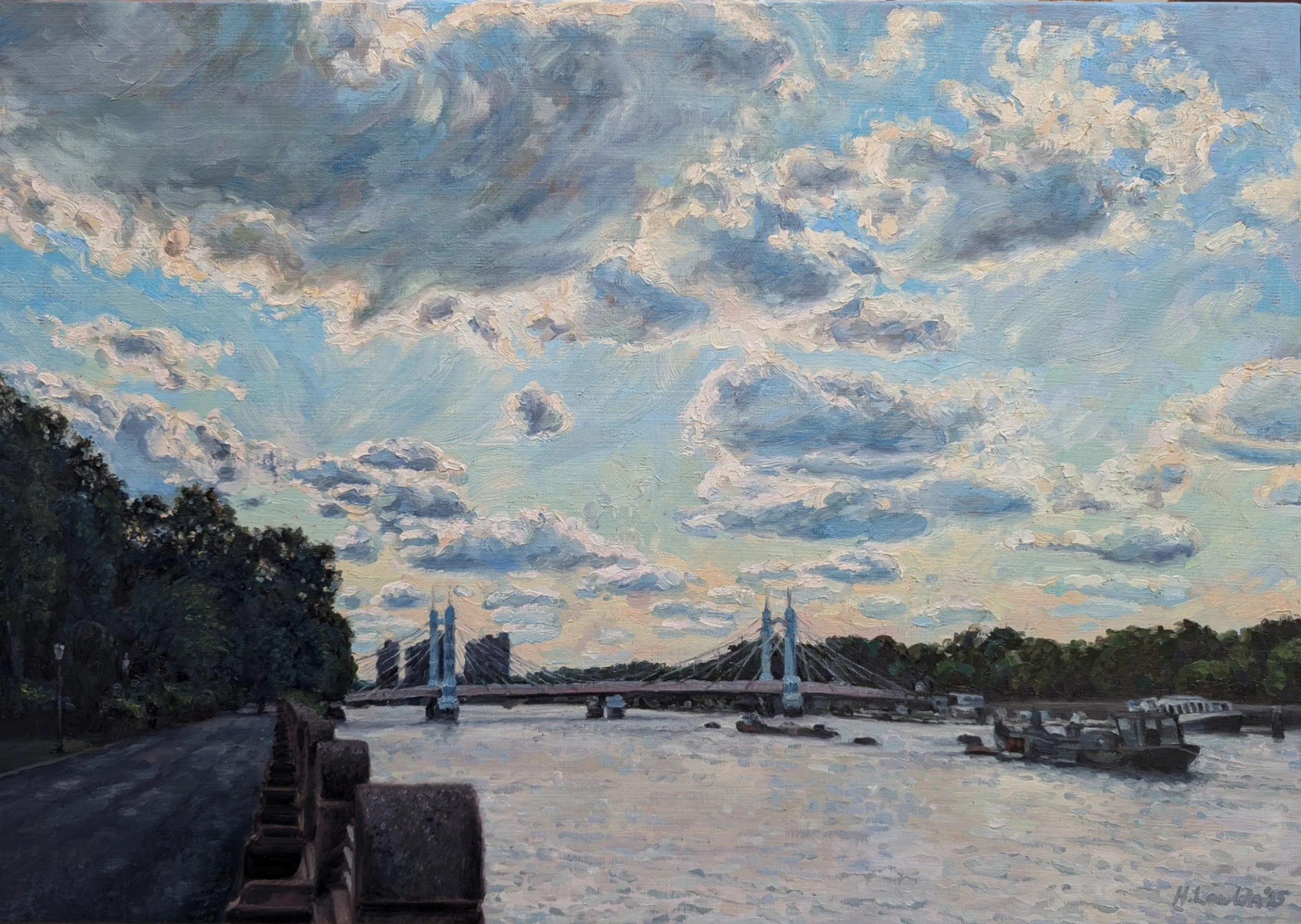 "Backlit Clouds from Battersea Park", Oil on linen, 65 × 46cm, 2025. Available.