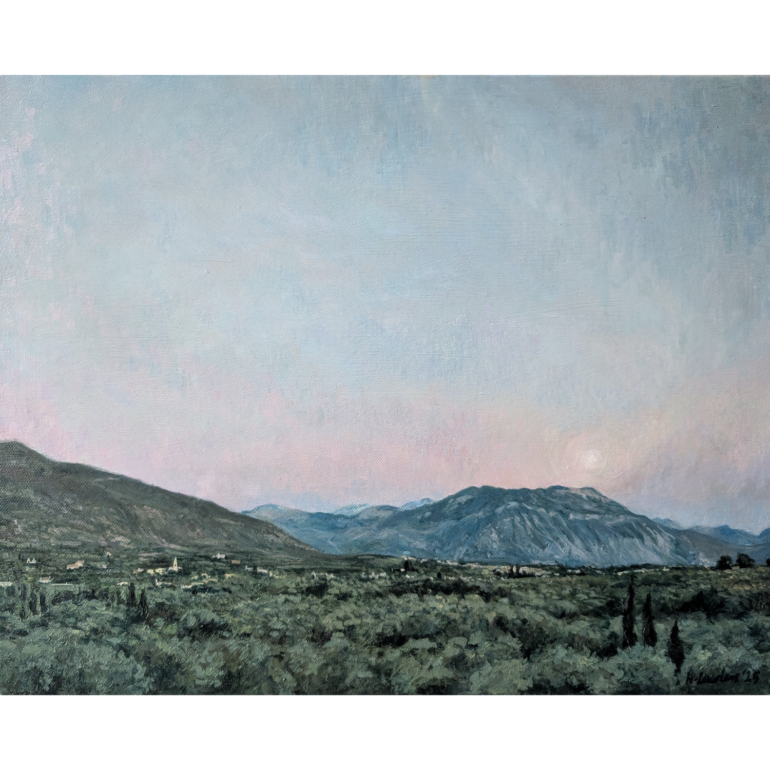 "Moonrise Over Olive Groves, Kalamata", Oil on canvas, 51 × 41 cm, 2025. Sold.
