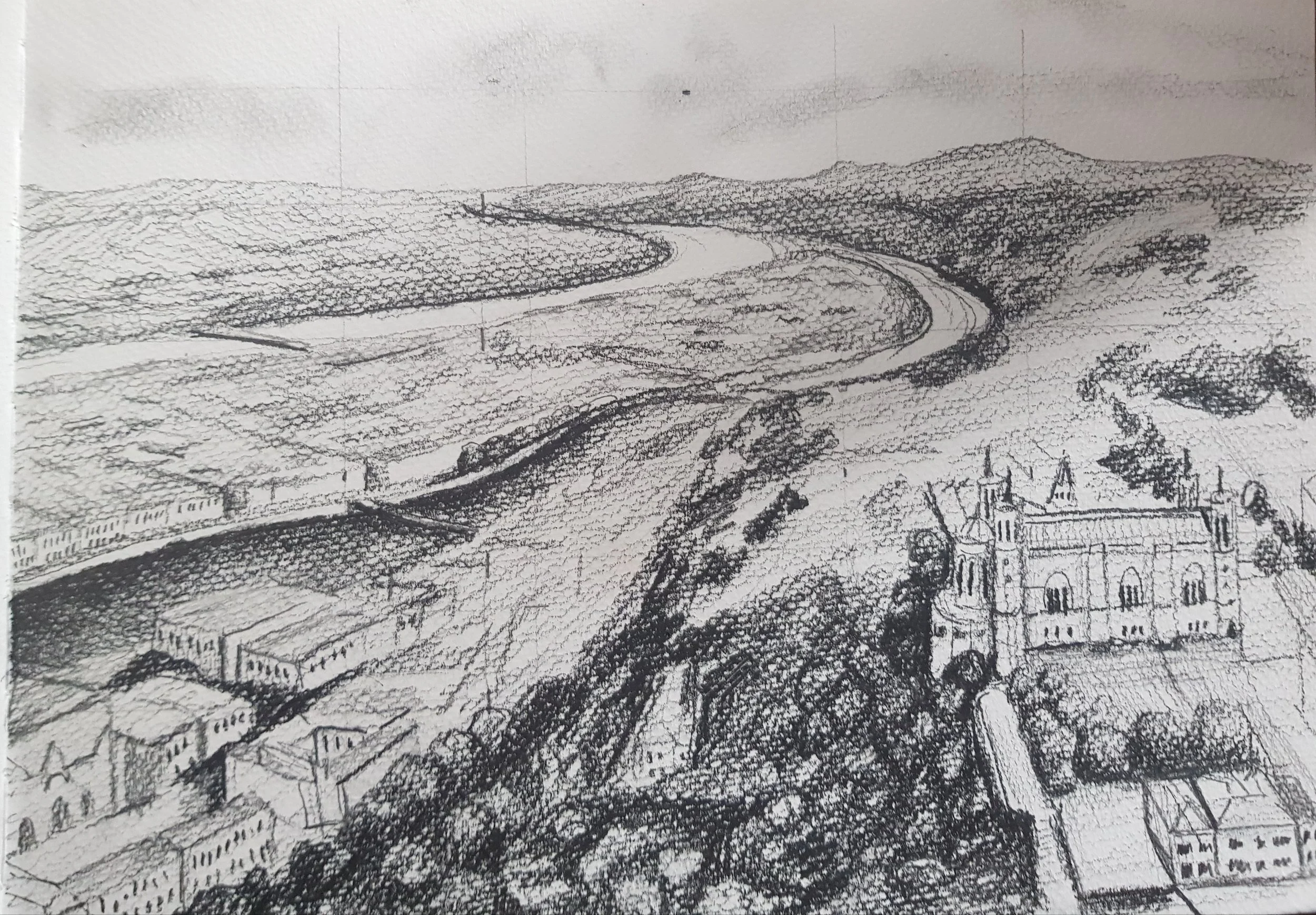 black and white pencil sketch of Lyon, France aerial view