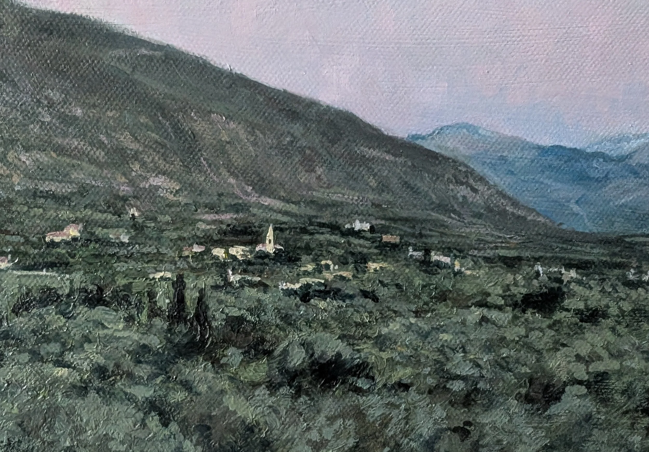 oil painting of the moon rising near Kalamata, Greece by Harriet Lawless