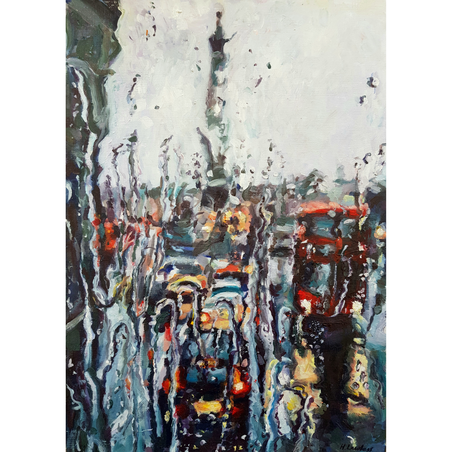 Rainy Window View of Trafalgar Square, London - Harriet Lawless Artist