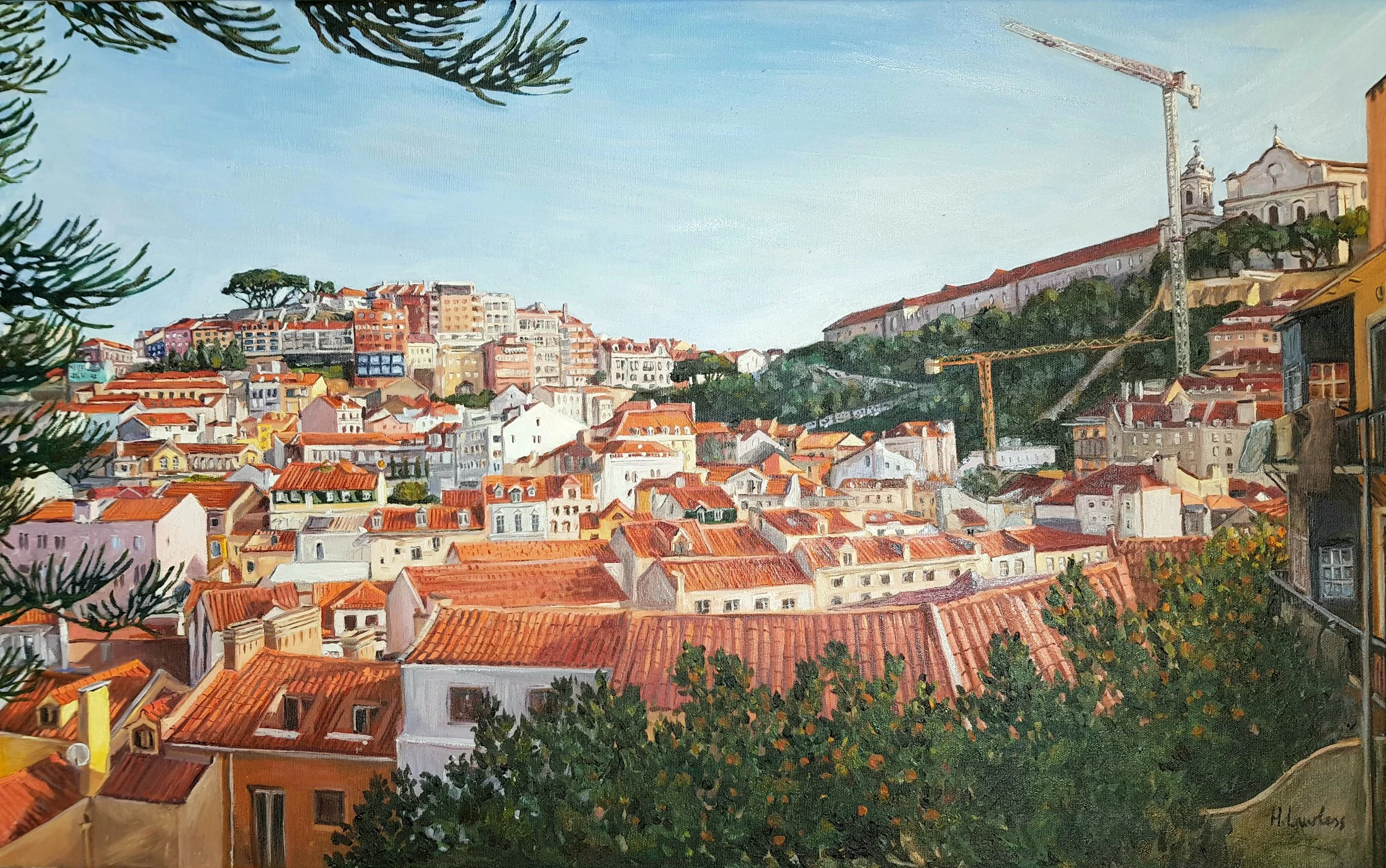 Harriet Lawless' oil painting of Lisbon, Portugal rooftops