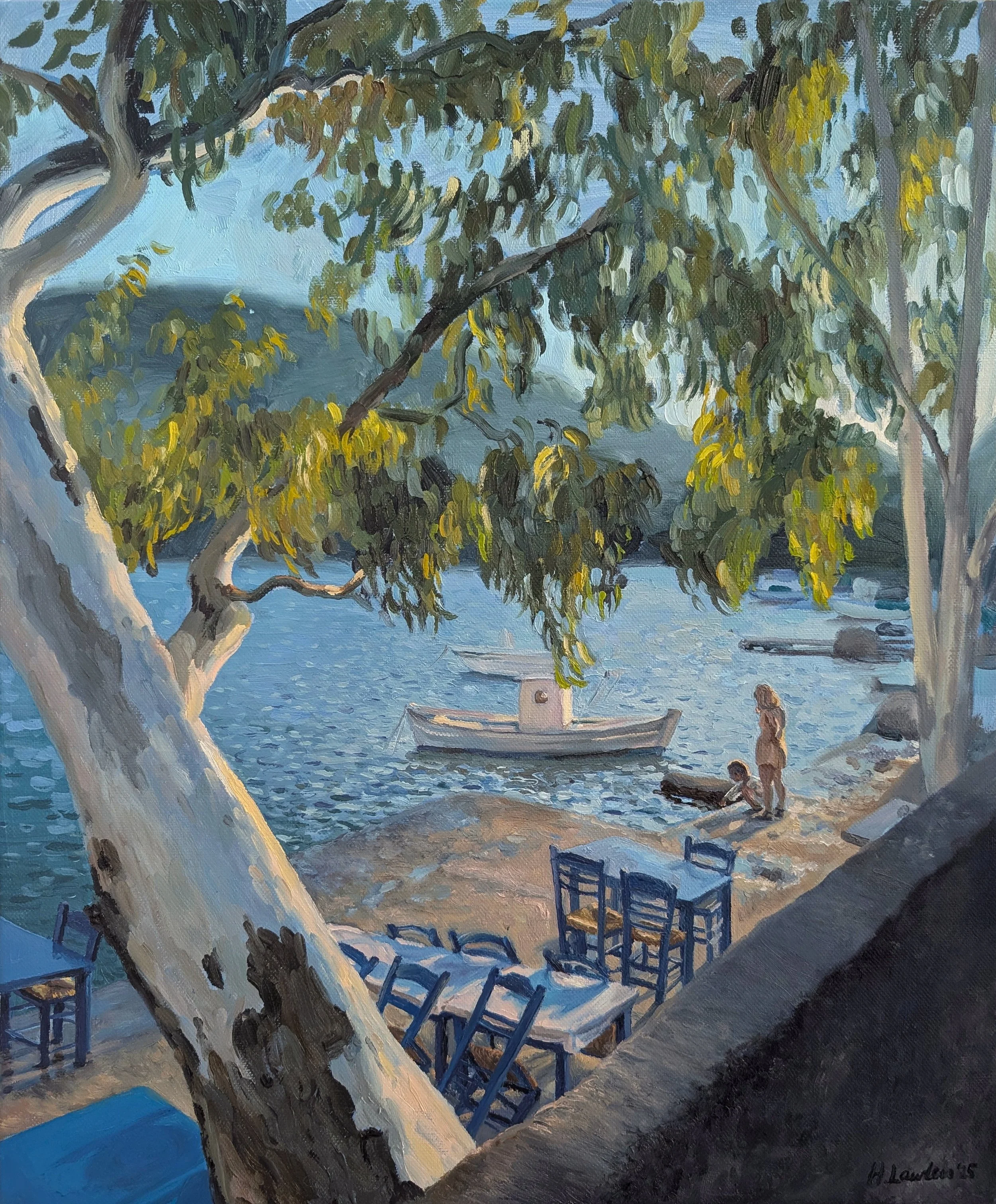 Seaside Taverna, Last Light in Vathy - Harriet Lawless Artist