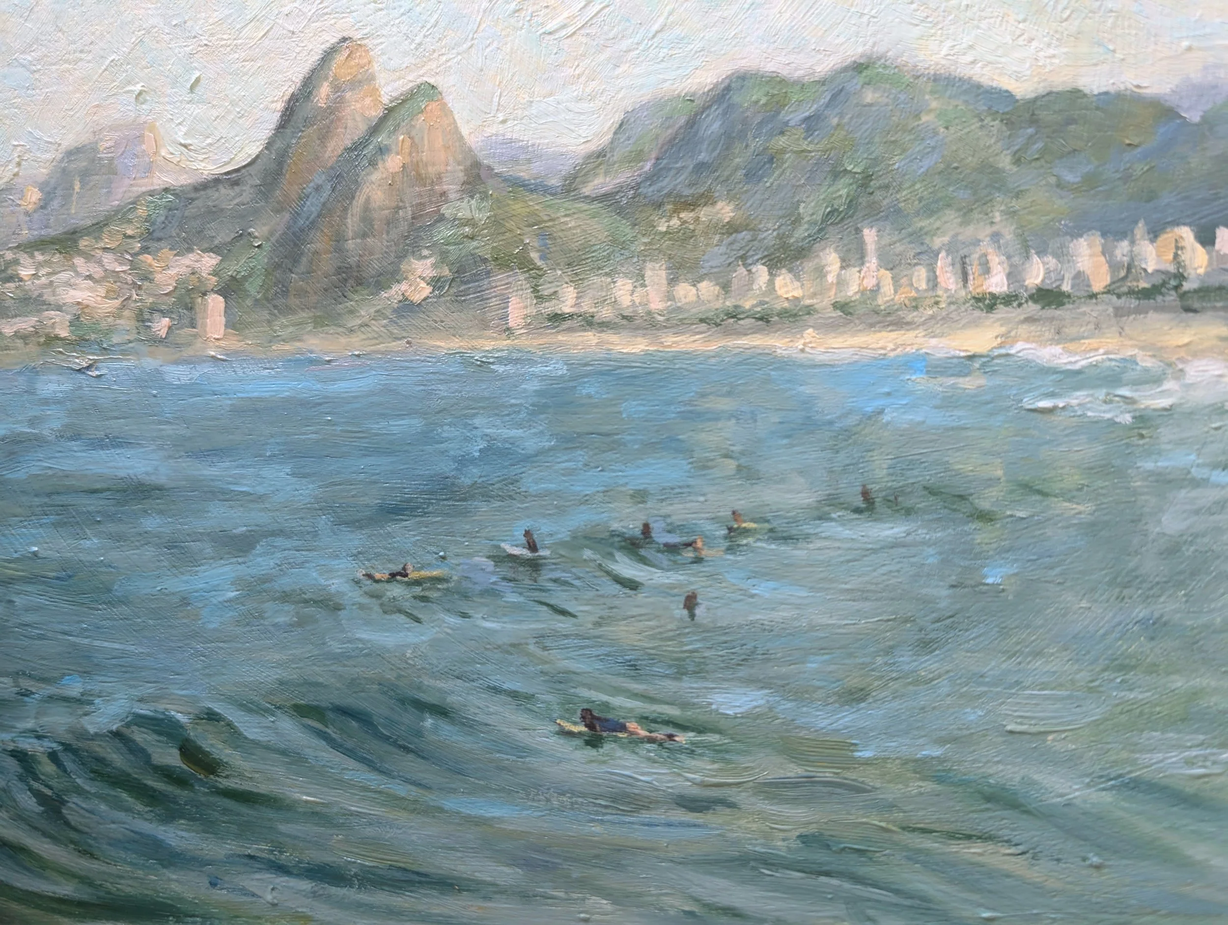 oil painting of Ipanema Beach, Brazil surfers