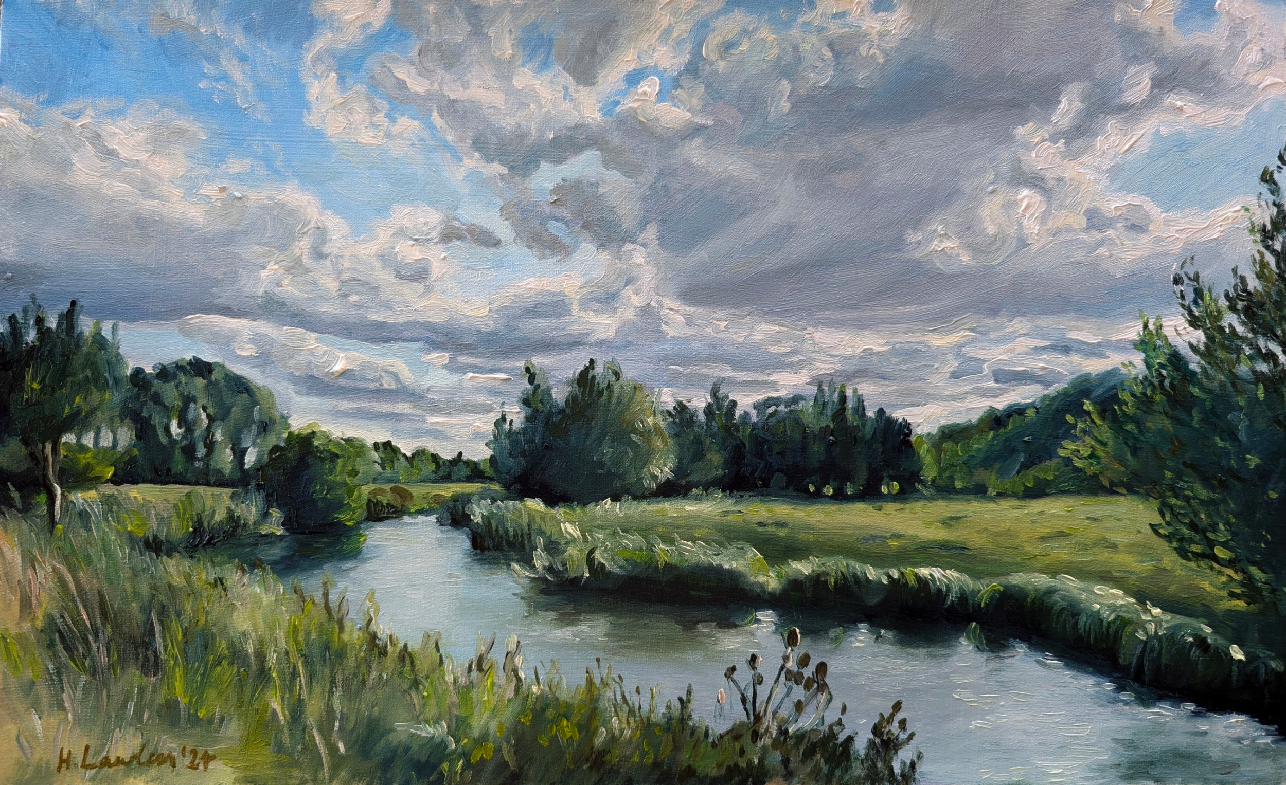 "Dramatic clouds over the River Lea, Hertford", Oil on paper, 42 × 25cm, 2024. Sold.