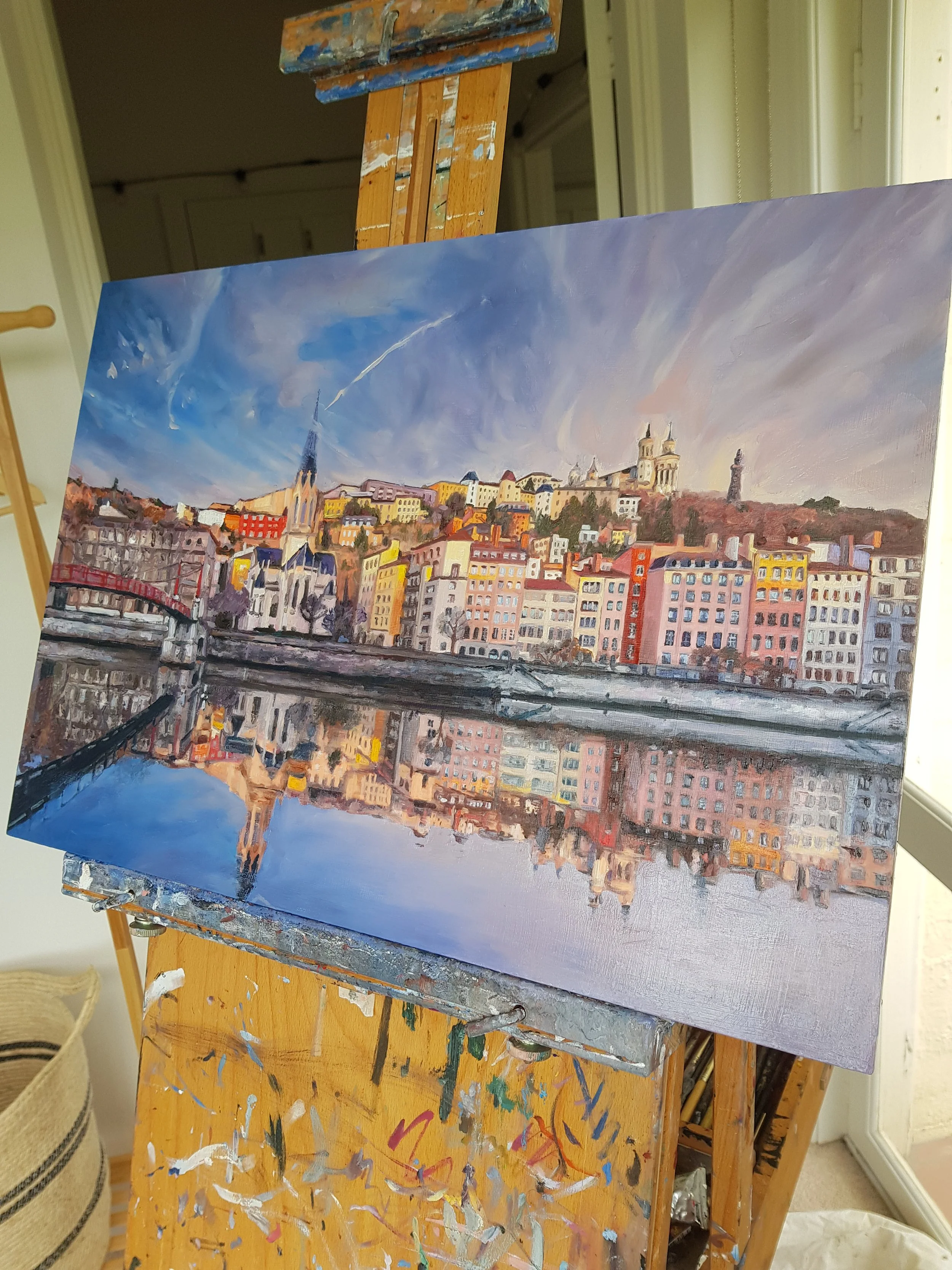 work in progress oil painting of Lyon, France