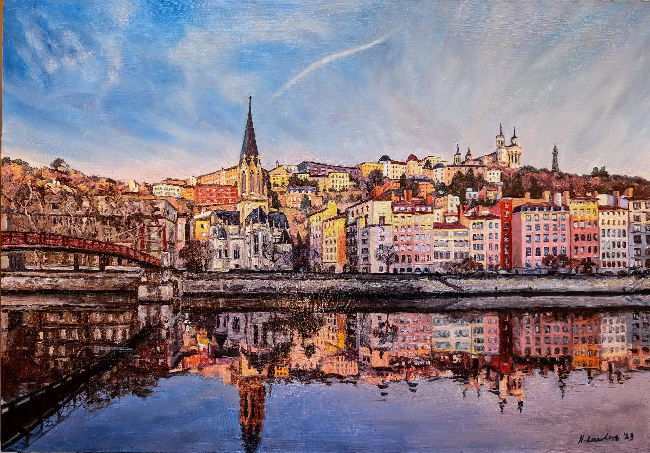 Harriet Lawless' oil painting of Lyon, France, showing the city reflected in the river