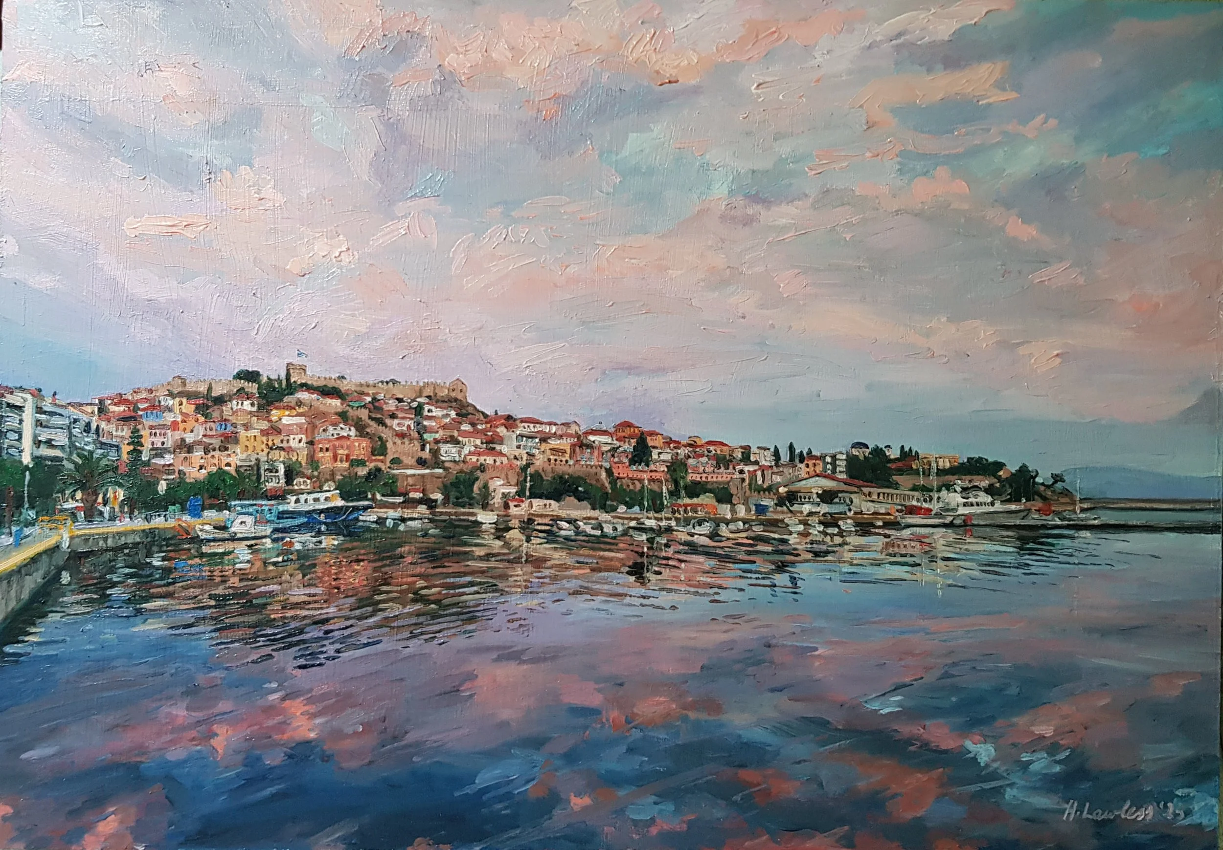 "Sunset Hues Over Panagia, Kavala", Oil on board, 35 × 50cm, 2023. Sold.