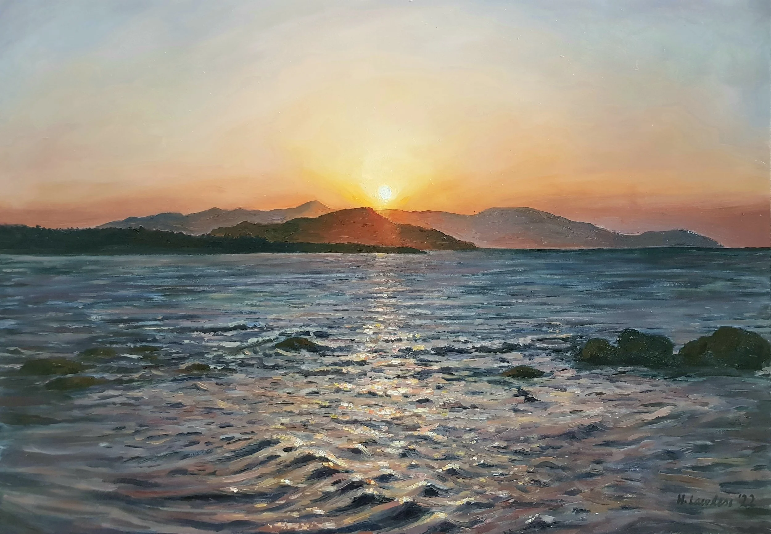 "Chania Bay Sunset", Oil on board, 35 × 50cm, 2022. Sold.