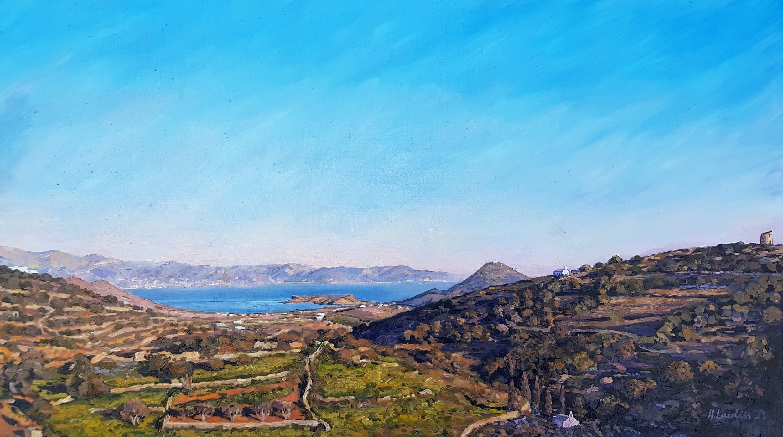 "Paros to Naxos, Aegean Twilight", Oil on board, 30 × 53.5cm, 2023. Sold.