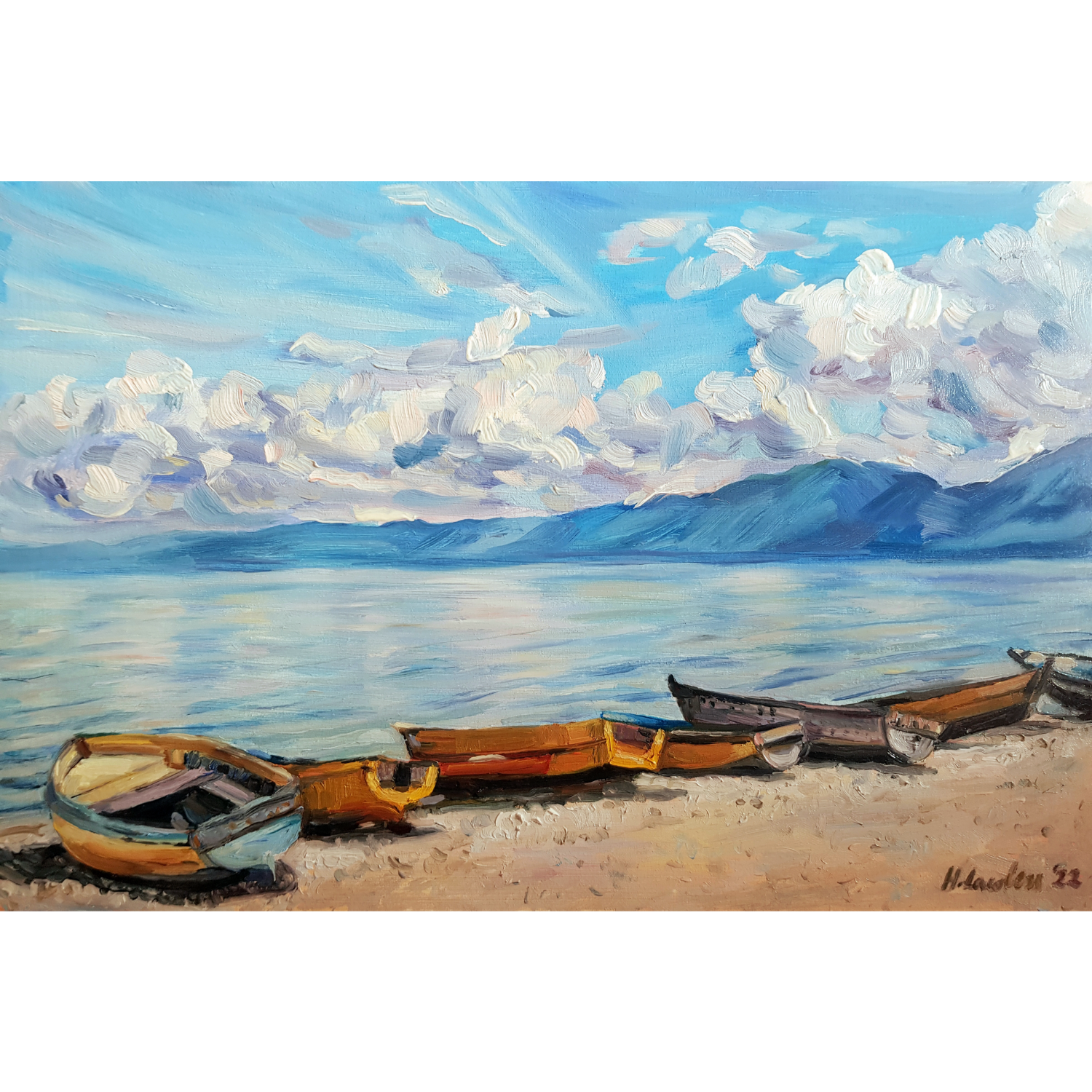 Yellow boats on the shores of Lake Ohrid, Pogradec - Harriet Lawless Artist