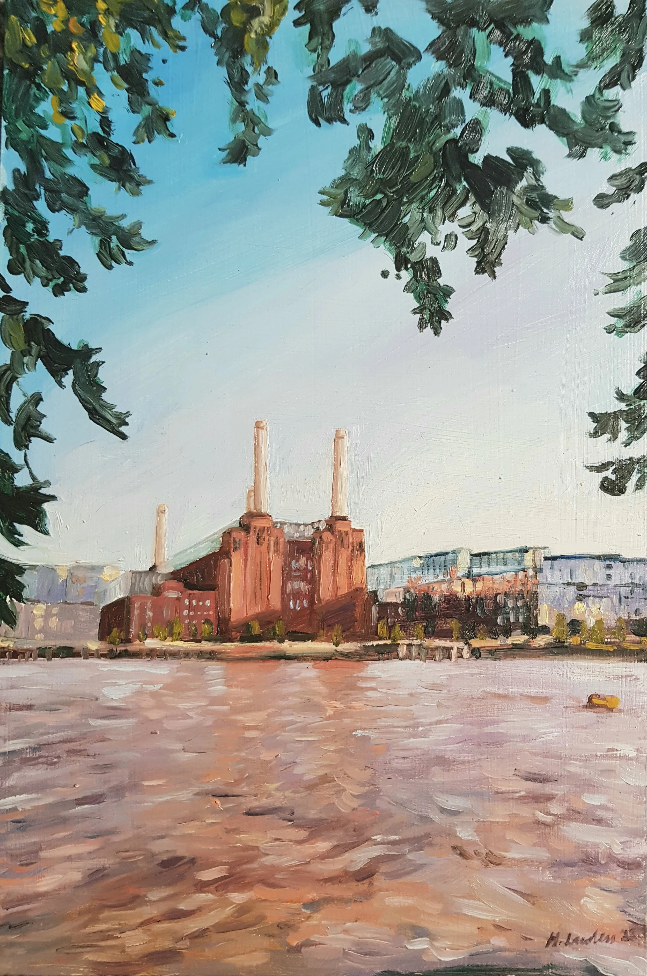 "Towards Battersea Power Station From Pimlico", Oil on board, 20 × 30cm, 2022. Sold.