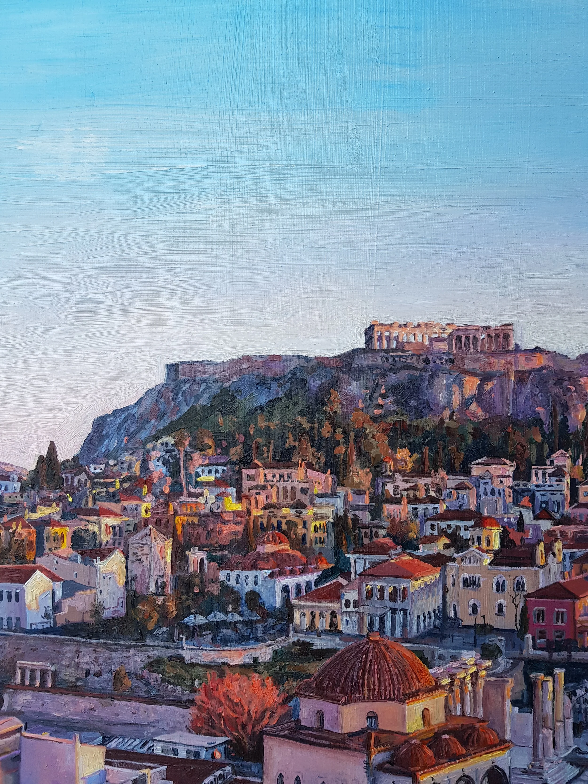 "Golden Athenian Reverie", Oil on board, 30 × 53.5cm, 2023. Sold.
