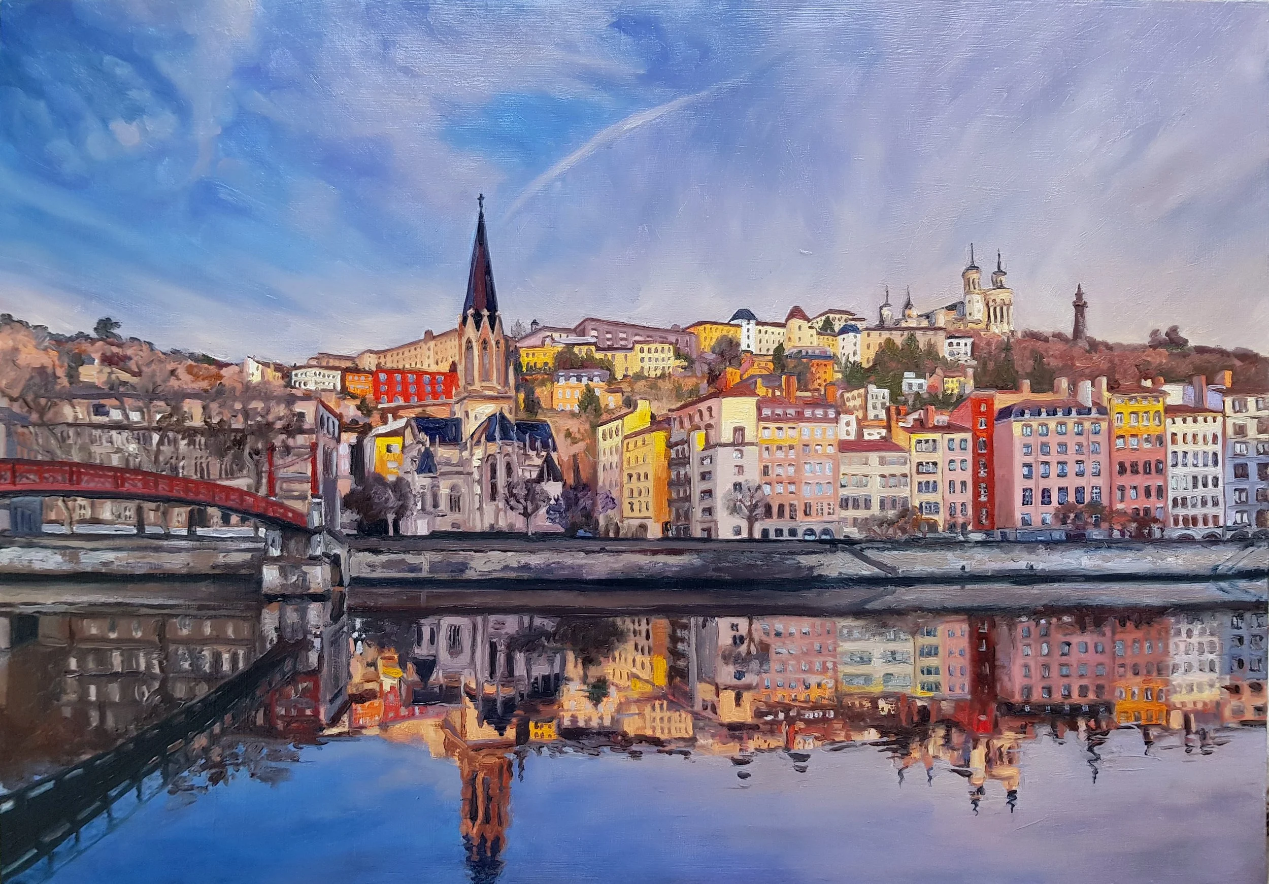 Oil painting of Lyon France architecture reflected in river commission oil painting