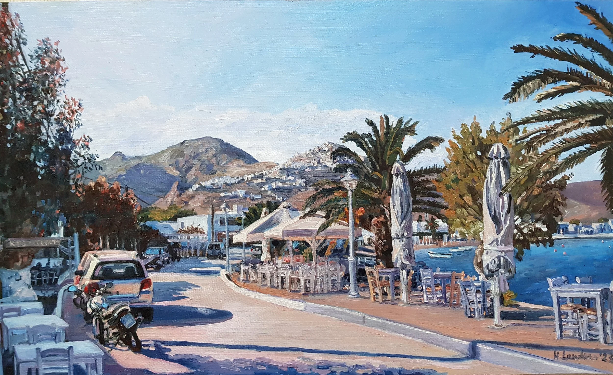 "Serifos, Preparations For Easter", Oil on board, 30 × 50cm, 2023. Sold.