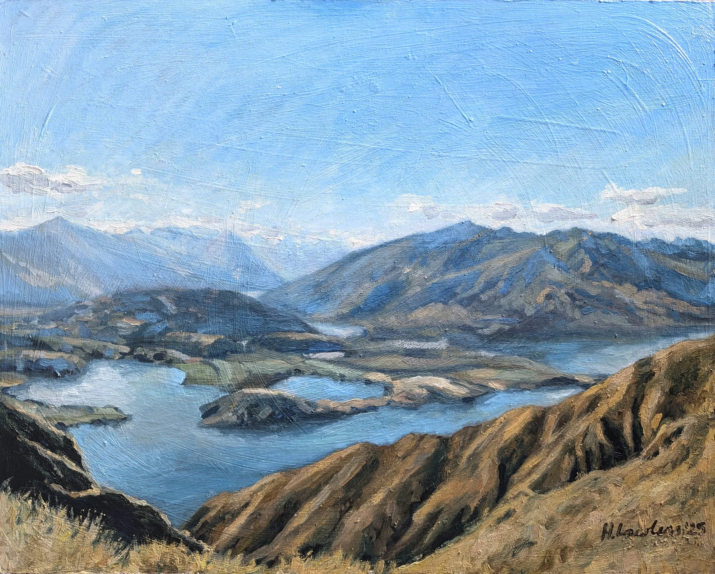 "April Light, Lake Wanaka", Oil on panel, 59 × 42cm, 2025. Sold.