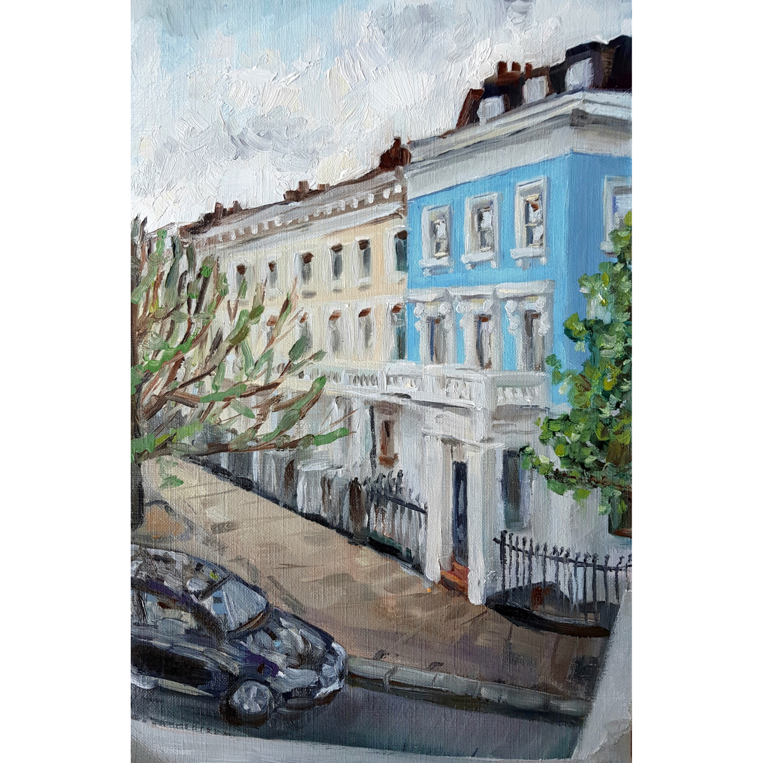 Blue Stucco Terrace House At Dusk - Harriet Lawless Artist