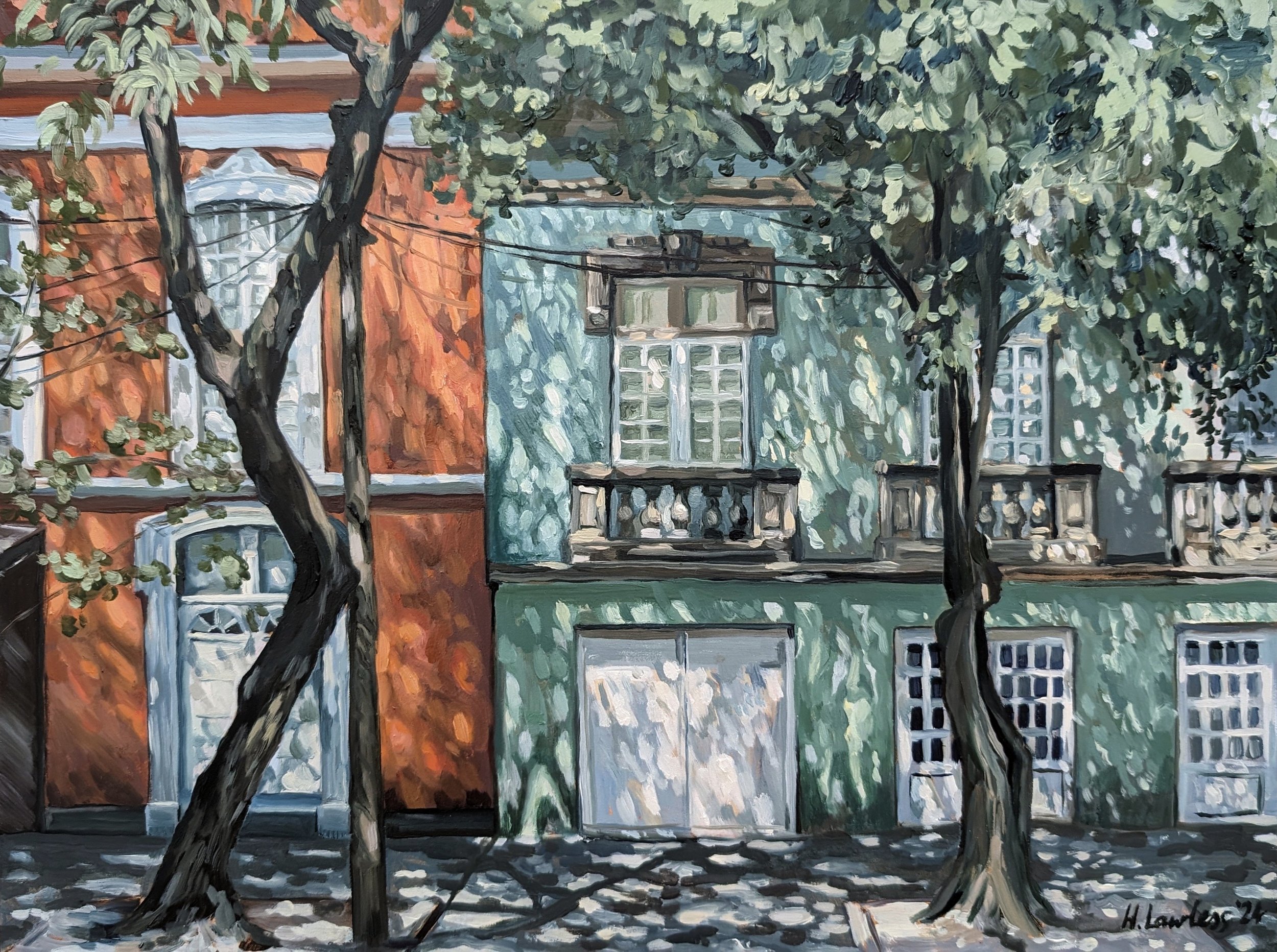 Harriet Lawless' oil painting of an orange and green house shaded under trees in Mexico City